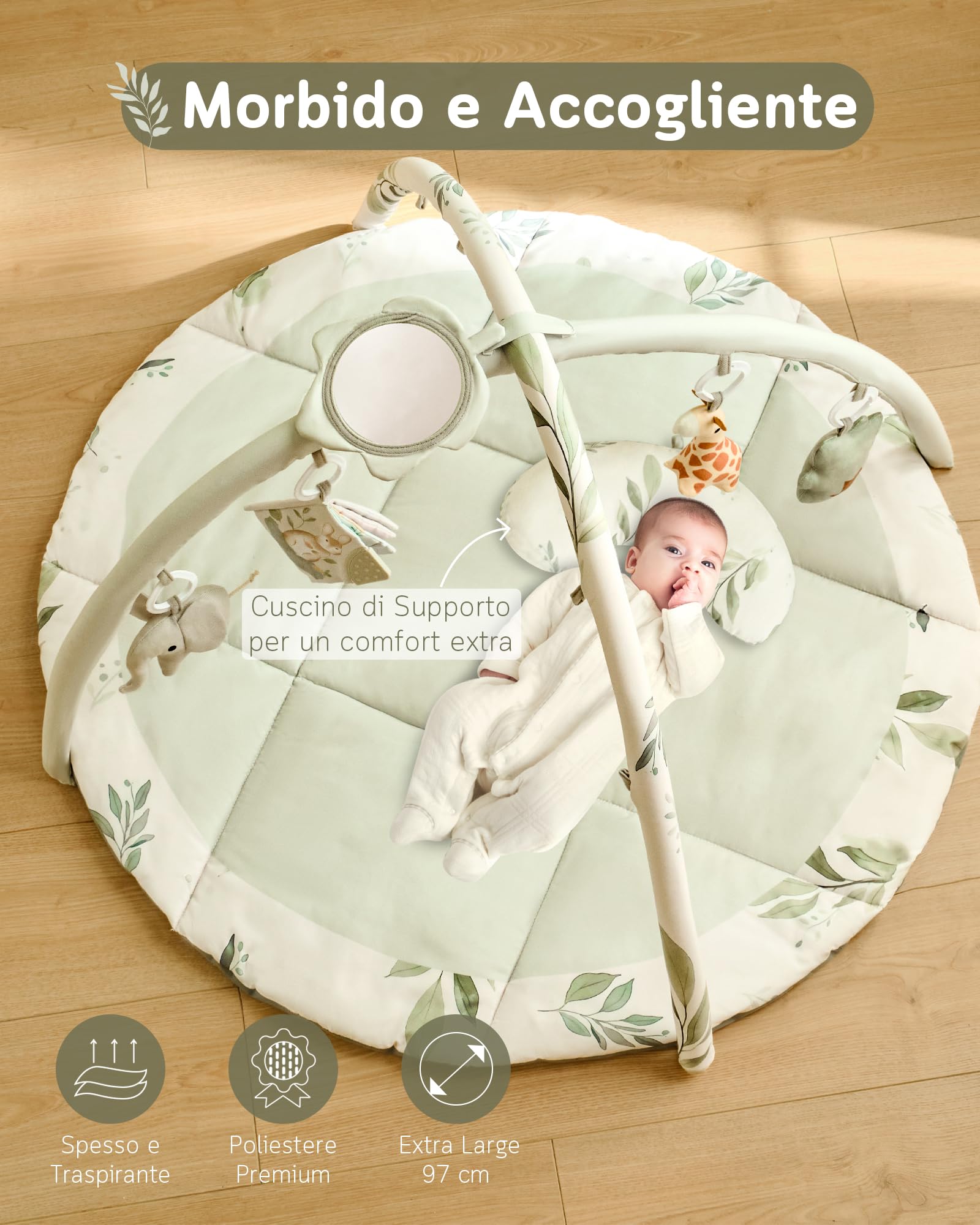 Fortella Palestrina Neonato Evolutiva Tappetino Gioco Attività 5 Giocattoli Sensoriali Specchio Cuscino 0-12 Mesi Verde