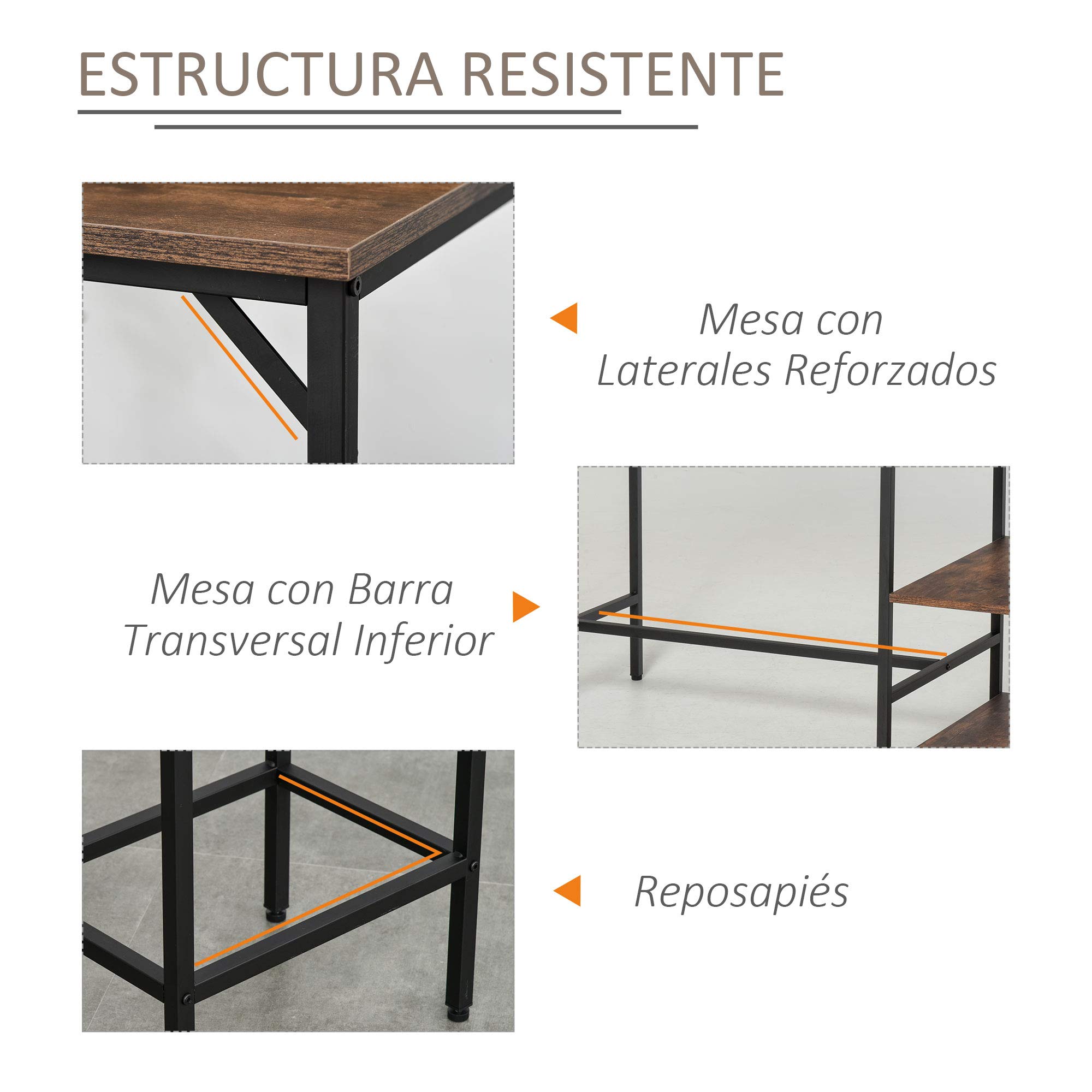 HOMCOM Set de Mesa de Bar y 2 Taburetes 109x60x100 cm Marrón Rústico | Mesa Alta, Reposapiés, Estantes de 3 Niveles, Almohadillas Ajustables, Cocina Comedor