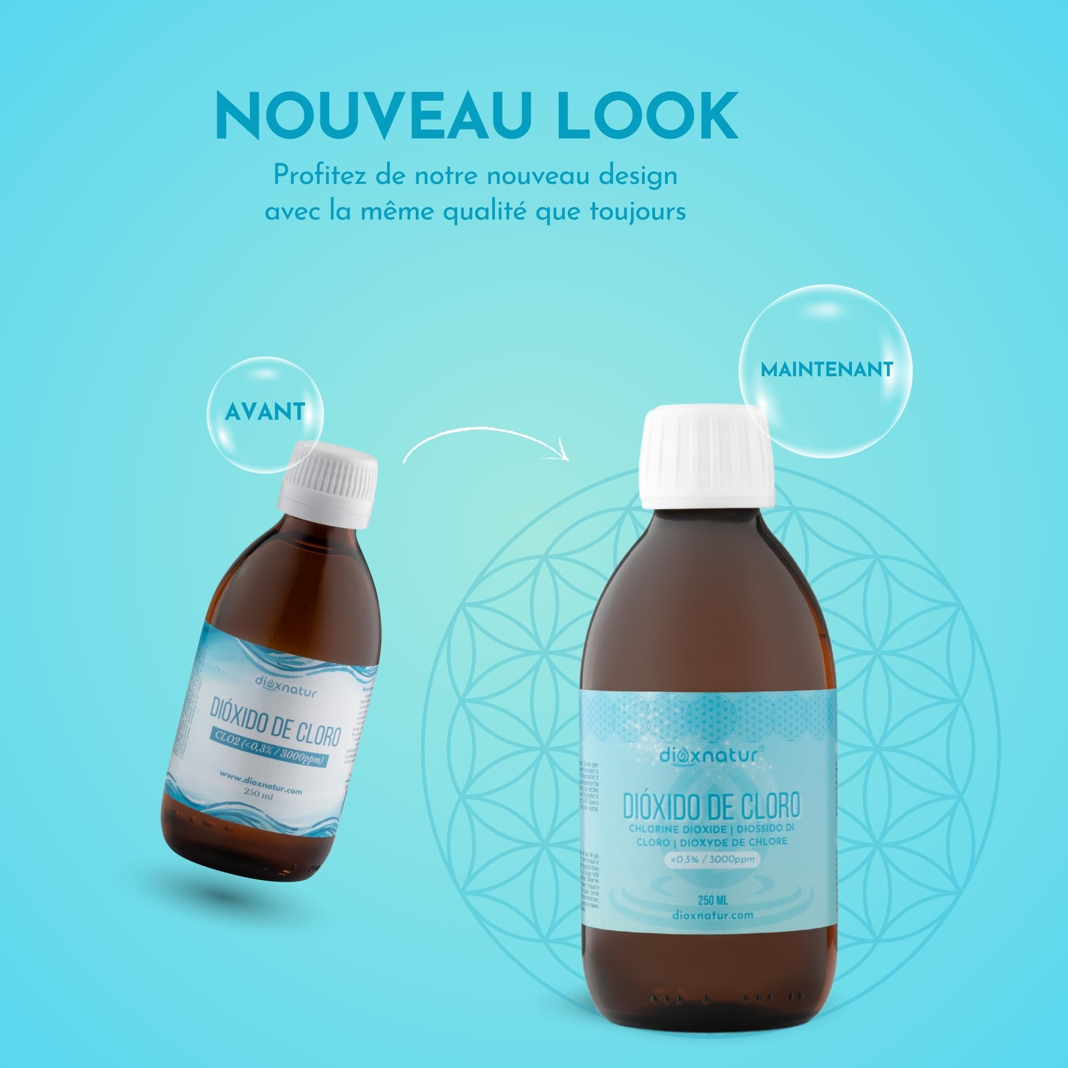 Dioxyde de chlore 3000 ppm CDS 250 ml. Seringue de 10 ml incluse. Étiquette FR. Bouteille en verre ambré avec compte-gouttes