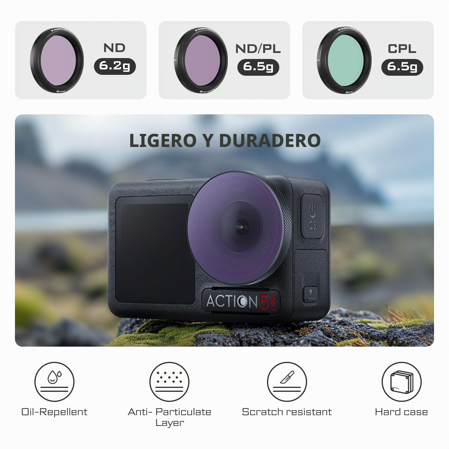 Freewell Filtros Compatibles con Osmo Action 5 Pro/Action 4/Action 3 (Kit ND/PL de Luz Diurna)