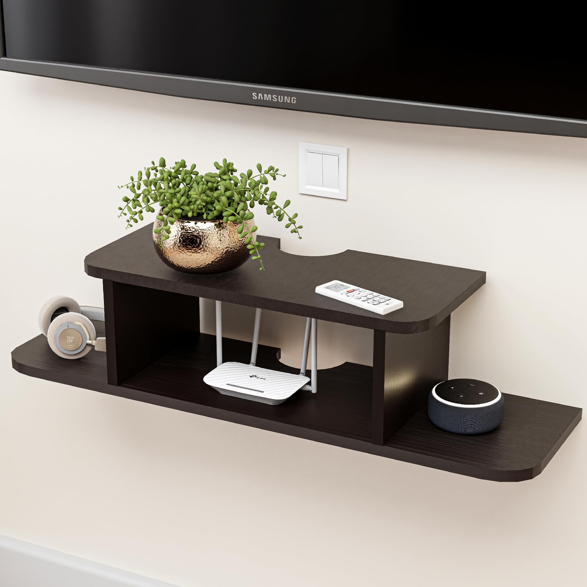Kuber Industries MDF Wooden Set Top Box Wall Stand | Modern TV Unit Shelf for Remote, Router WiFi Holder | Book Shelf Wall Rack for Living Room | Brown