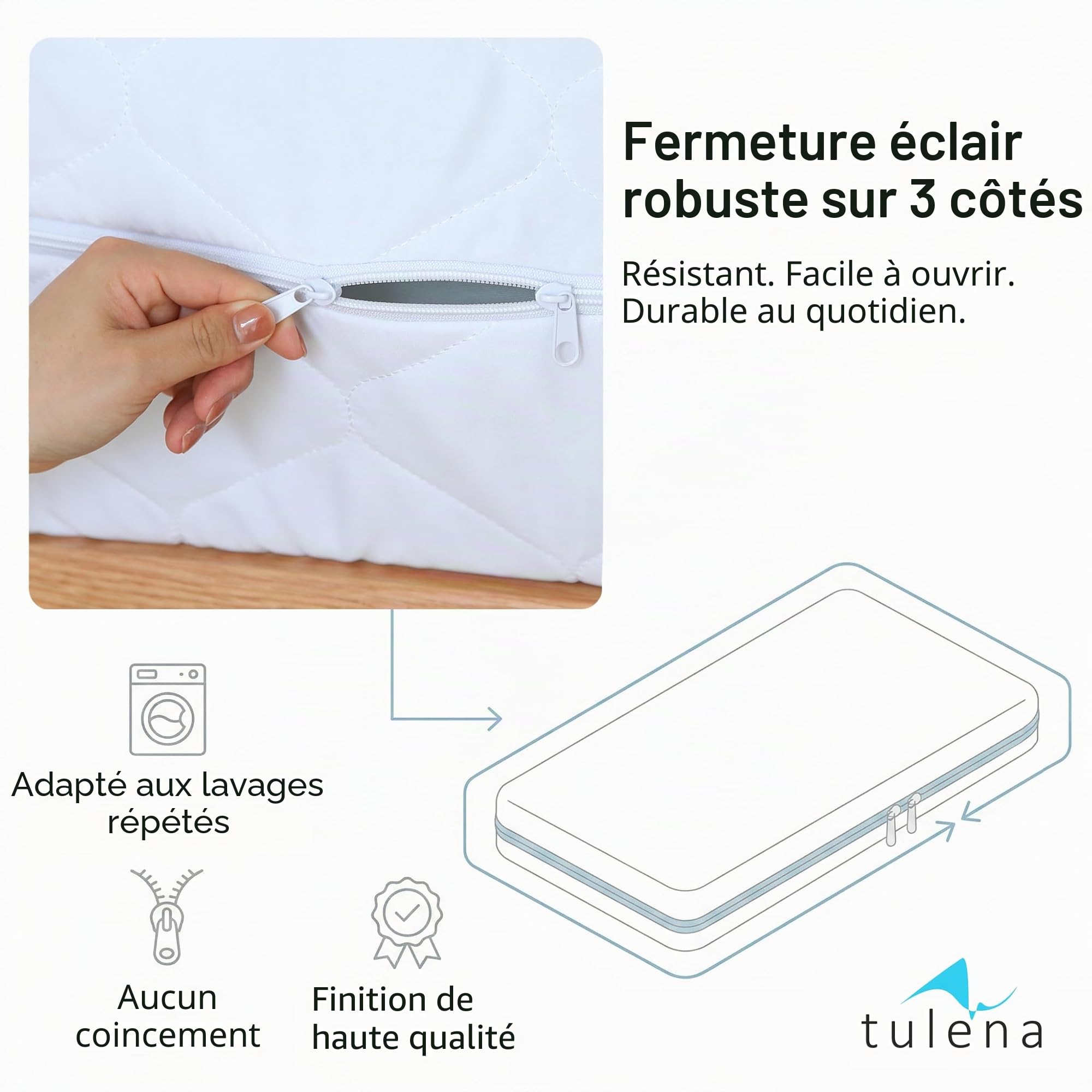 TULENA Housse de Matelas en Microfibre avec Fermeture éclair, 160x200 cm, Hauteur 23 à 25 cm, matelassée, Blanche, hypoallergénique, certifiée Öko-Tex