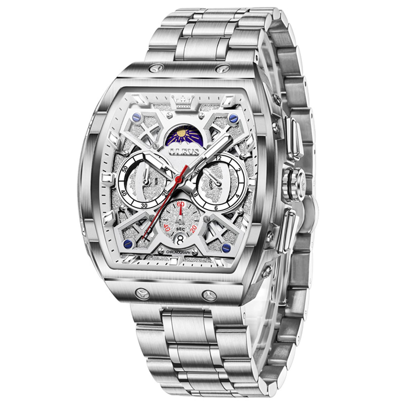 OLEVS Herren Uhr Chronograph Großes Quadrat Edelstahl Quarz Analog | Tonneau Design 44mm großen Zifferblatt Armbanduhr, 30m Wasserdicht, mit Mondphase, Leuchtend, Doppelte Zeitzone