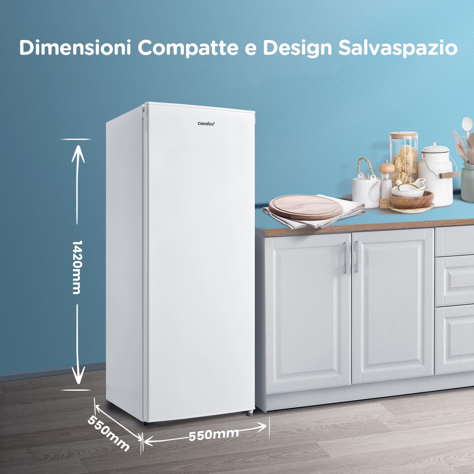 COMFEE' RCU160WH2(E) 160L Congelatore monoporta verticale e 5 Cassetti, 4 Stelle, -24° Gradi, Controllo Della Temperatura, Compressore GMCC di Alta Qualità, Cerniere Della Porta Sostituibili, Bianco