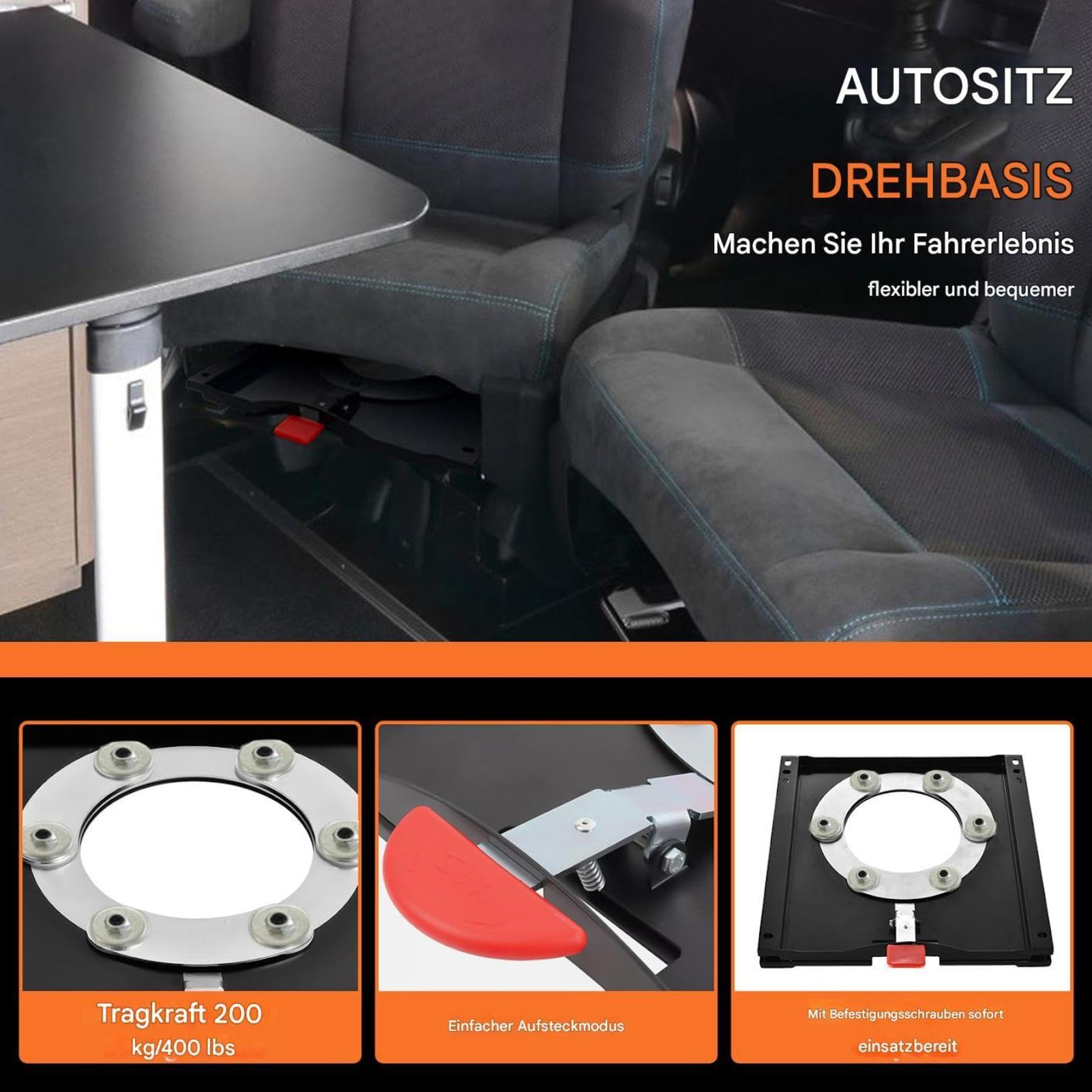 RV Drehsitz Basis | Schwerlastige 360-Grad Auto Drehsockel Basis | 200 kg Tragfähigkeit Autositzschwenker für T5 Fahrer- oder Beifahrersitz, Nutzfahrzeuge, Wohnmobil