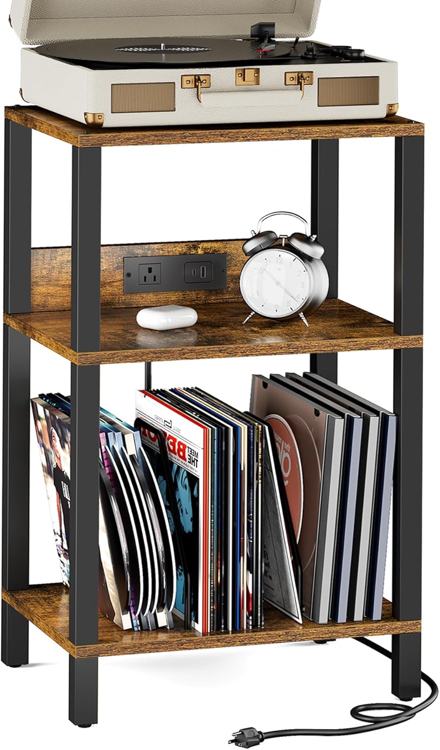 TUTOTAK Record Player Stand with Storage Up to 100 Albums，Record Storage Table,3 Tier End Table with Charging Station,Side Table for Living Room, Bedroom, Brown TB01BB076