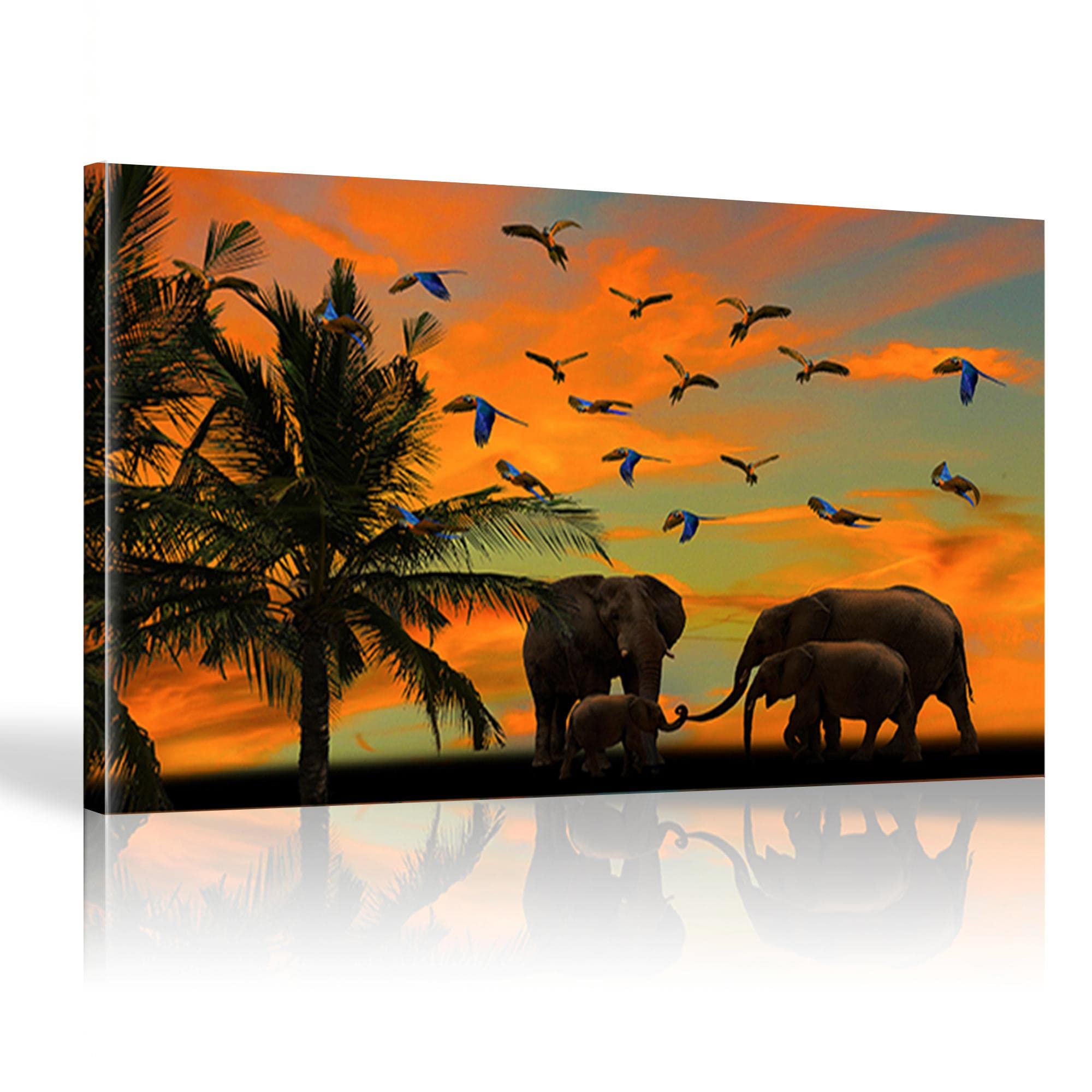 Amazon｜アフリカの動物の野生の象の日没のシーンキャンバス絵画