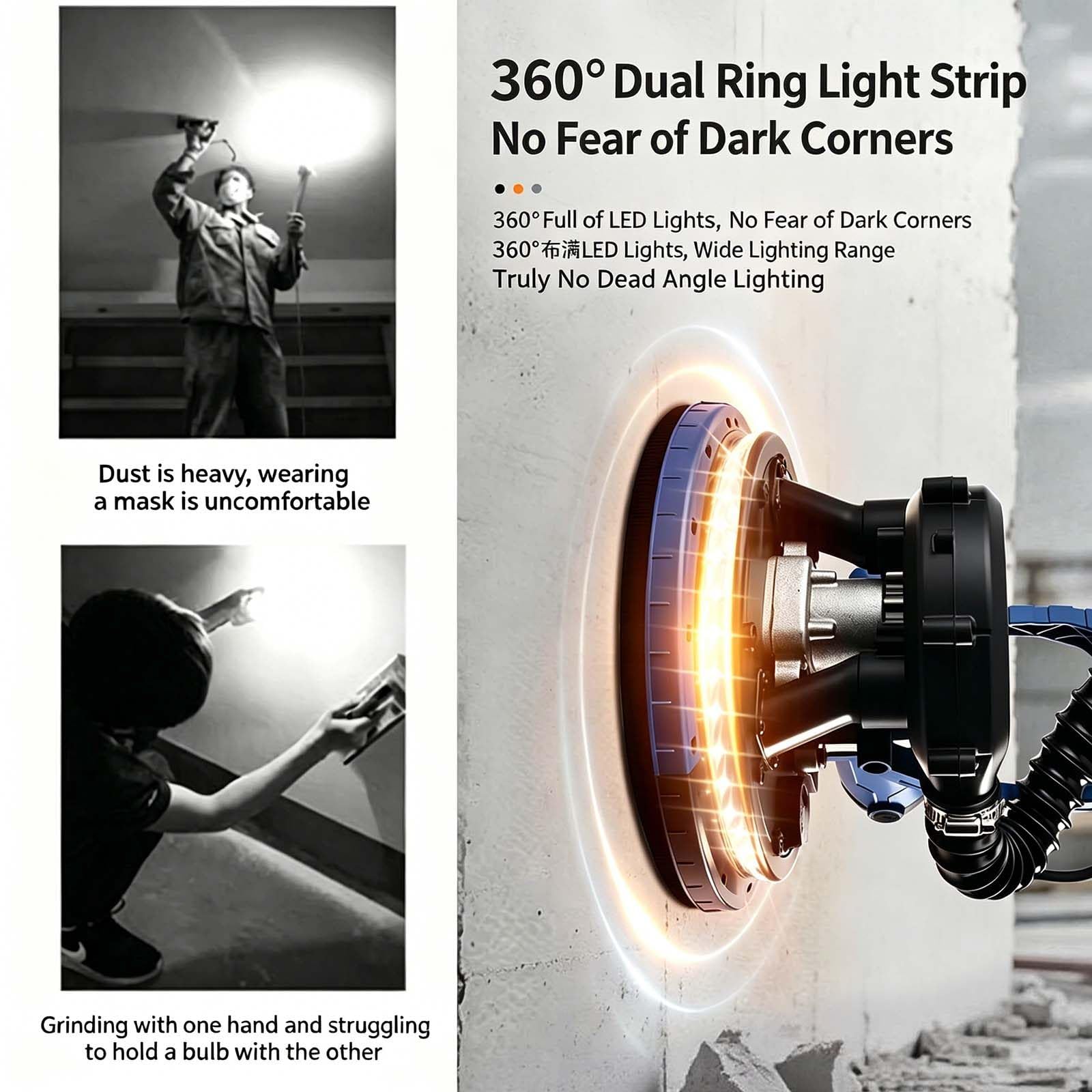 Lijadora de Paneles De Yeso De 9 Pulgadas con AspiracióN AutomáTica, MáQuina Multifuncional para Lijado, NivelacióN Y Pulido, 850 W, Doble Led Sin Sombras, 800-2100 RPM. Withhandle