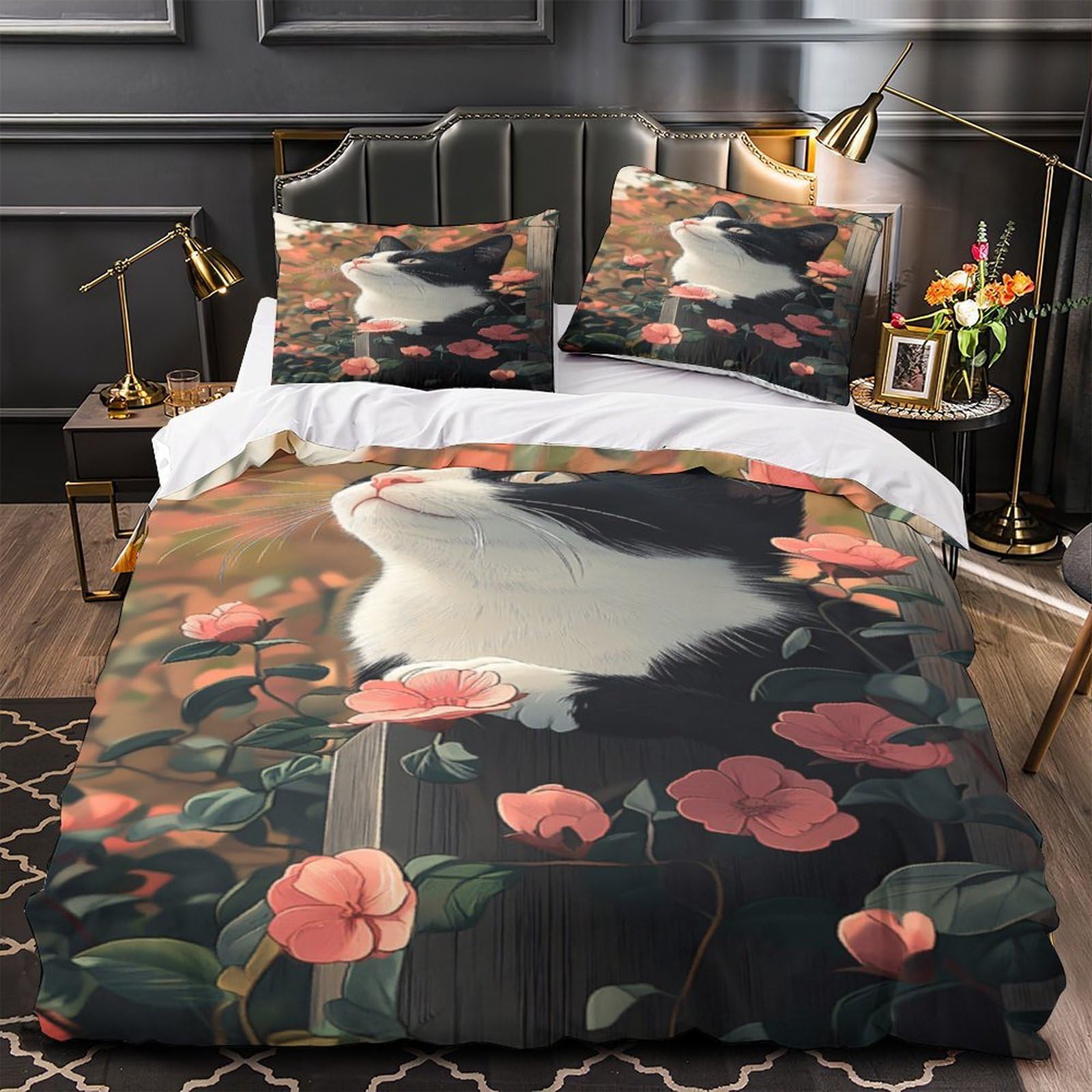 Parure de lit 3D chat noir et blanc en microfibre pour lit double 200x200