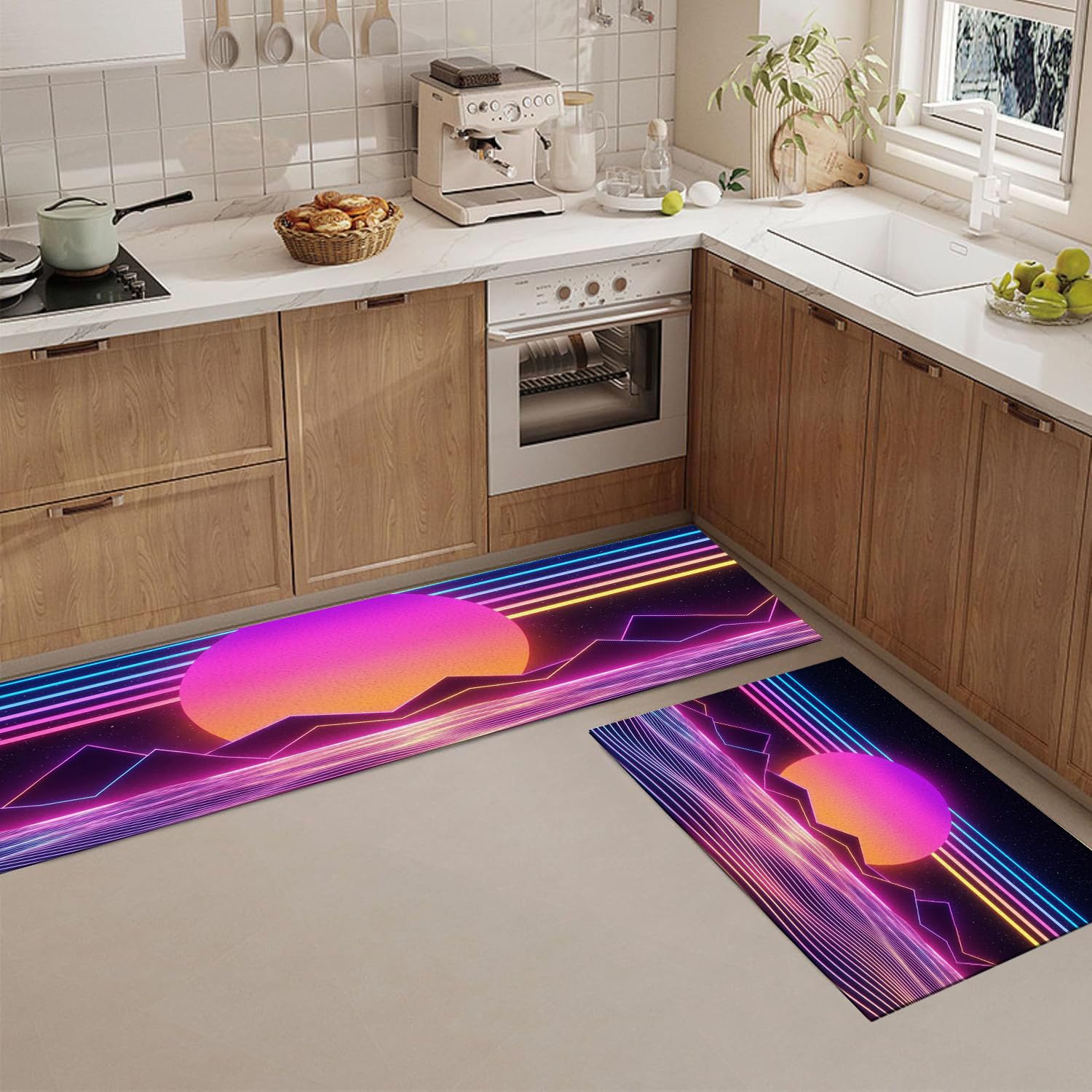 Juego De 2 Alfombras De Cocina Atardecer De Neón Retro | Alfombrillas De Cocina Lavables Futuras Montañas Rayadas, Corredera Antideslizante Absorbente para Salón, 50X80+50X180, Púrpura