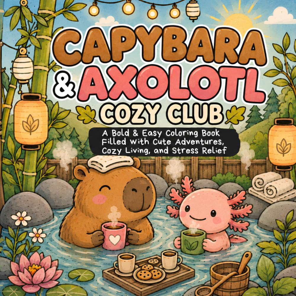 Capybara & Axolotl Cozy Club: A Bold & Easy Coloring Book Filled with Cute Adventures, Cozy Living, and Stress Relief