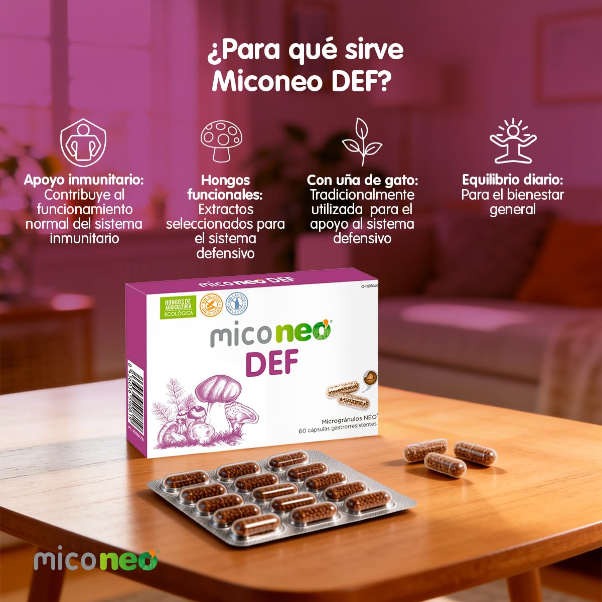 MICO NEO | DEF | 60 Cápsulas | Suplemento Alimenticio de Hongos Naturales Para Mejora de Las Defensas | Con Reishi, Shiitake, Maitake, Cordyceps, Champiñón del Sol y Uña de gato