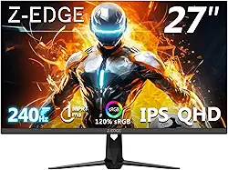 Monitor gamer Z-Edge UG27QS de 27 polegadas, 2K QHD 1440P, IPS rápido, taxa de atualização de 240 Hz, MPRT de 1 ms, 16,7 milhões de cores, 2 portas DP 1.4 e 2 portas HDMI 2.0