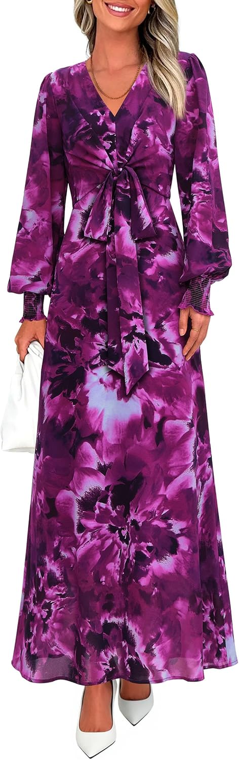 PRETTYGARDEN Women's 2026 Spring Wedding Guest Dresses Floral Long Sleeve V Neck Belted Long Flowy Boho Maxi Dress