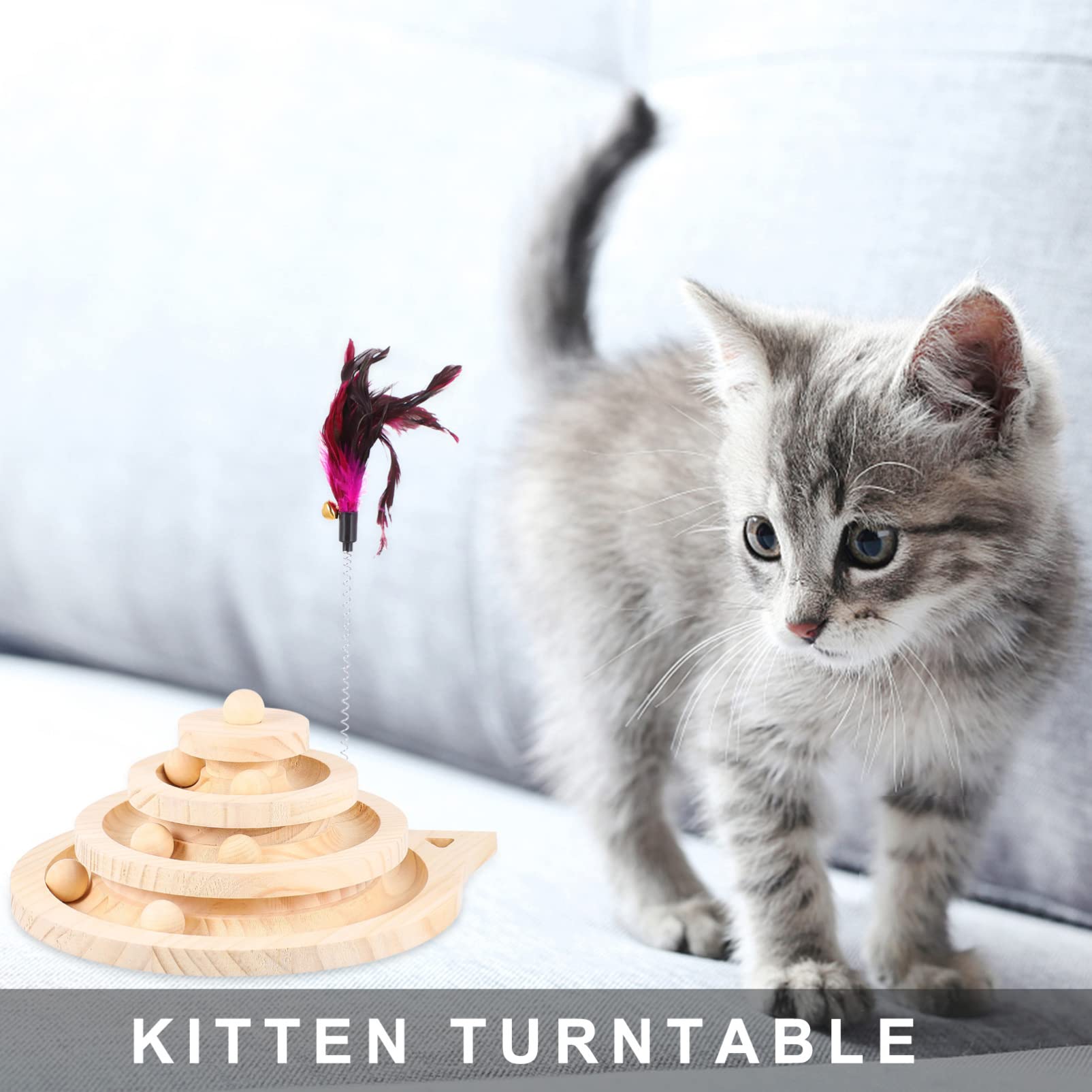 TOYANDONA Juguetes para Gatos de Madera con Plato Giratorio de Juguete para Gatitos con Bola de Seguimiento para Entretenimiento el Hogar