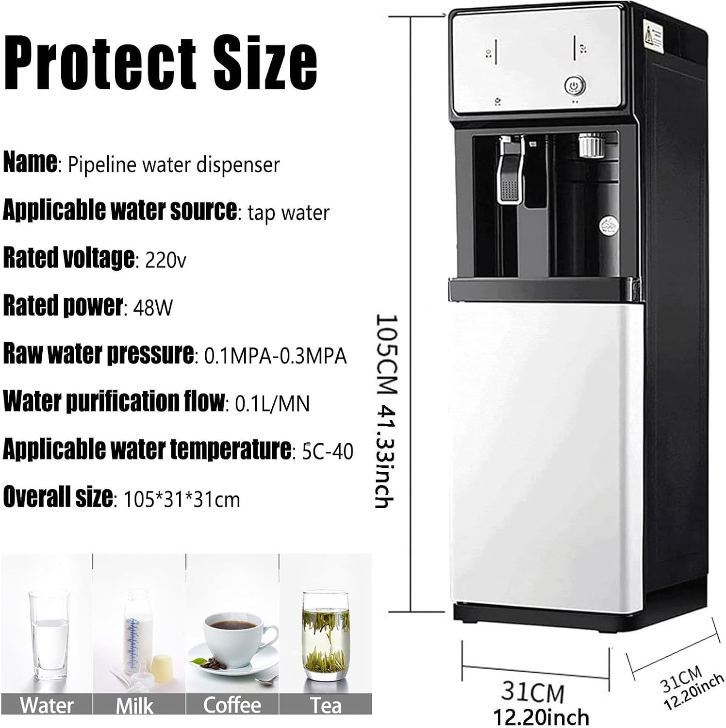 Direct-Feed Waters Dispenser,Floor Loading Hot and Cold Water Dispensers,3 Temperature Settings,Freestanding Water Cooler for Bedroom