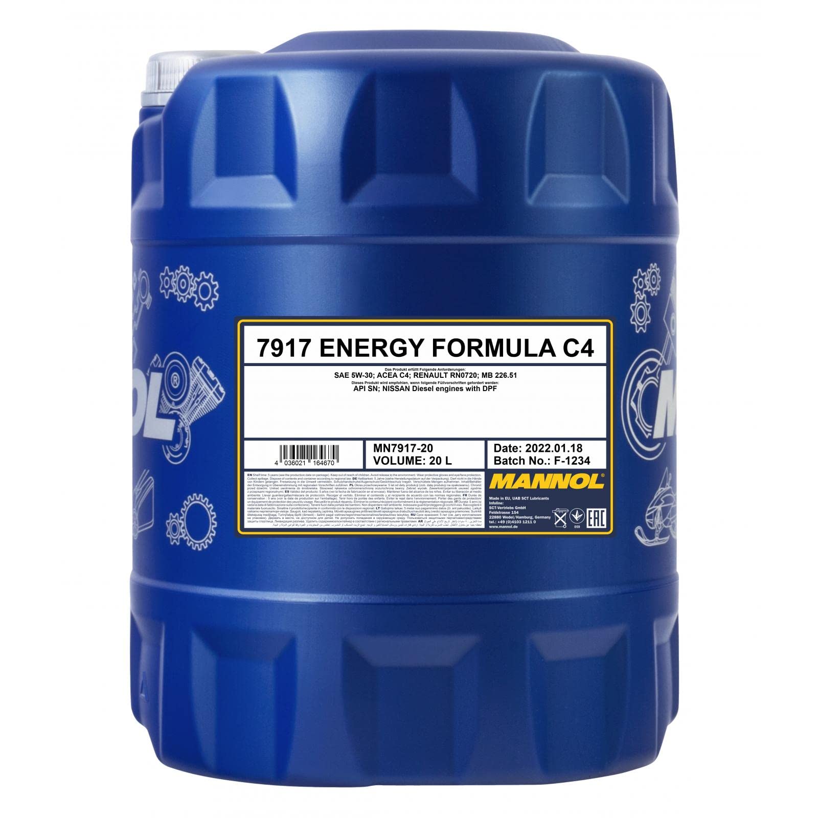 MANNOL Aceite de motor 5W-30 ENERGY Aceite sintetico ACEA C4 API SN FORMULA C4 20L Compatible con RENAULT Megane 3 Grandtour KZ0/1 Clio 4 Grandtour KH Clio 4 Hatchback BH GRAND Scénic 3 JZ0/1 | Con Renault RN0720, MB 229.51 y API SN, para DPF, LPG y LNG,