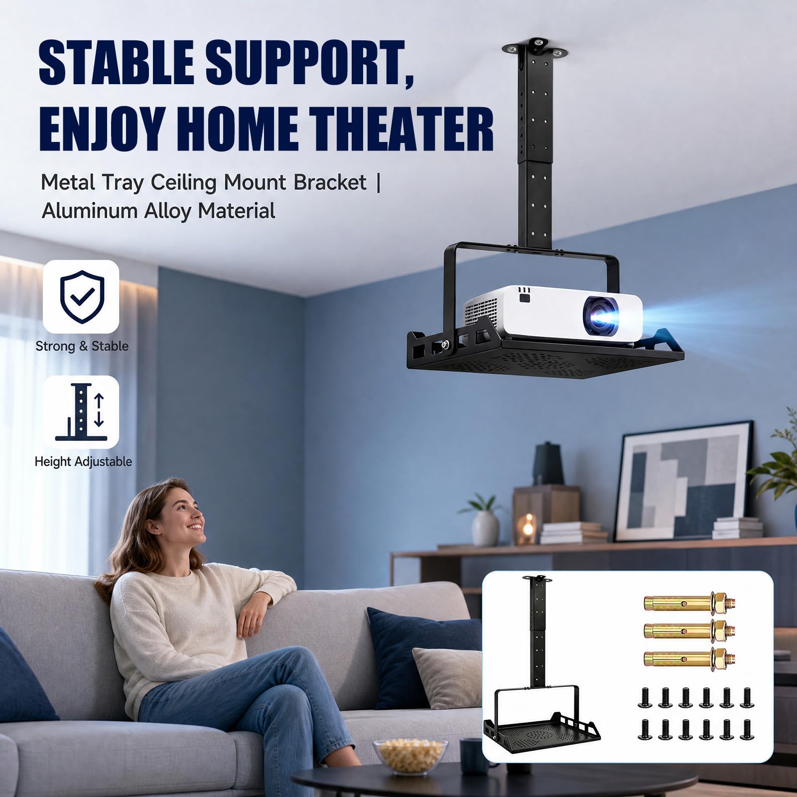 CEWROM Supporto da soffitto per proiettore, per home theatre e ufficio | Supporto per proiettore regolabile in altezza, supporto universale da parete, guida per cavi nascosta, portata fino a 10 kg