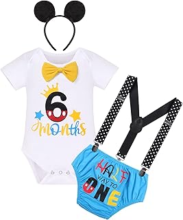IBTOM CASTLE Baby,Clothing,Baby Boys 0-24m,Outfits & Clothing Sets Halfway to One Baby Boy Outfit 1/2 Birthday Romper+Diaper Cover Shorts+Y-Back Suspenders+Mouse Headband Mickey Gentleman Formal 4pcs Set Cake Smash Photo Shoot for Infant Toddler