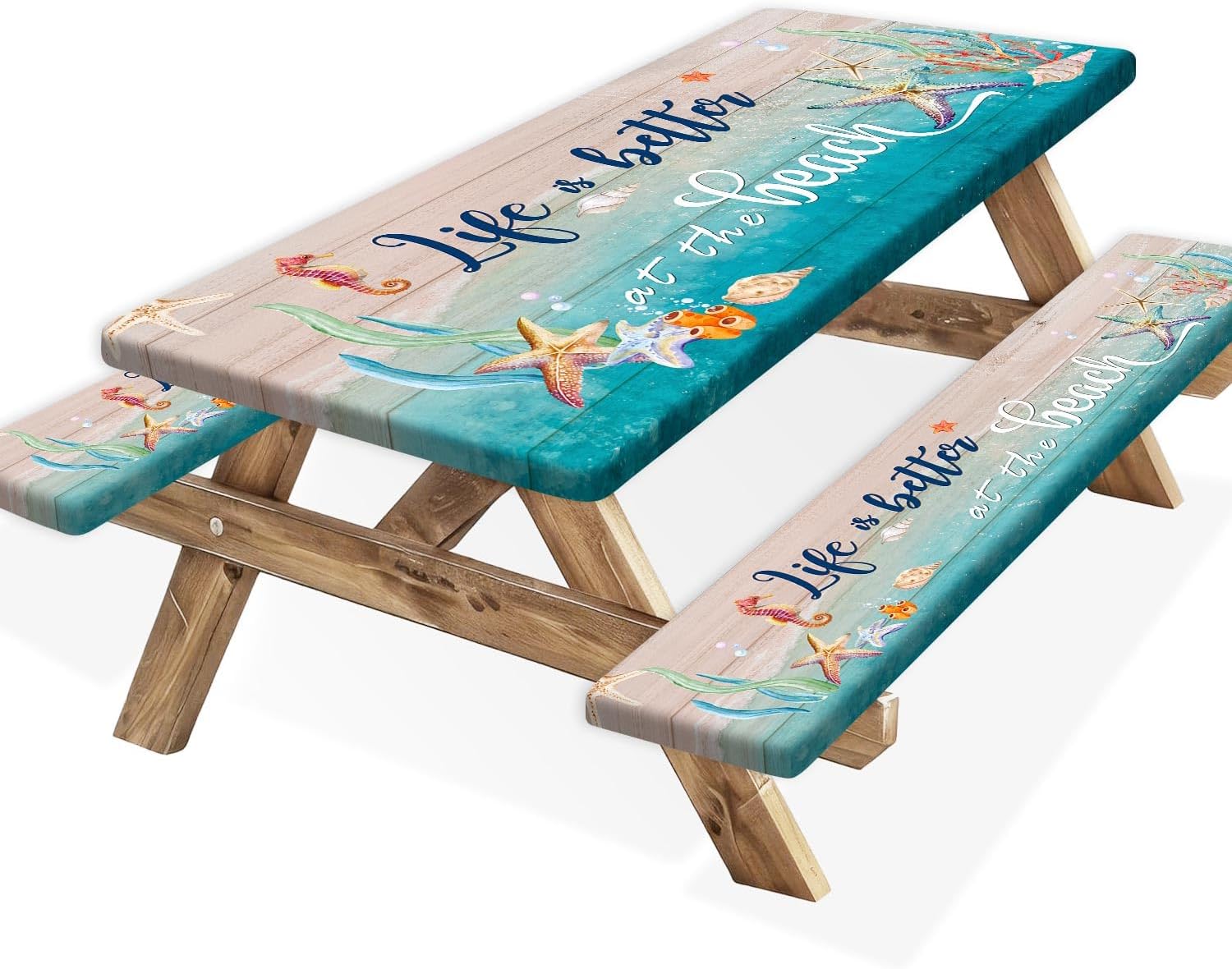 JAWO Beach Picnic Table Cover with Bench Covers and Bag, 8ft Outdoor Camper Fitted Picnic Table Cover Cloths with Elastic Edges for Patio Camping Essentials, Waterproof Camping Fitted Tablecloth