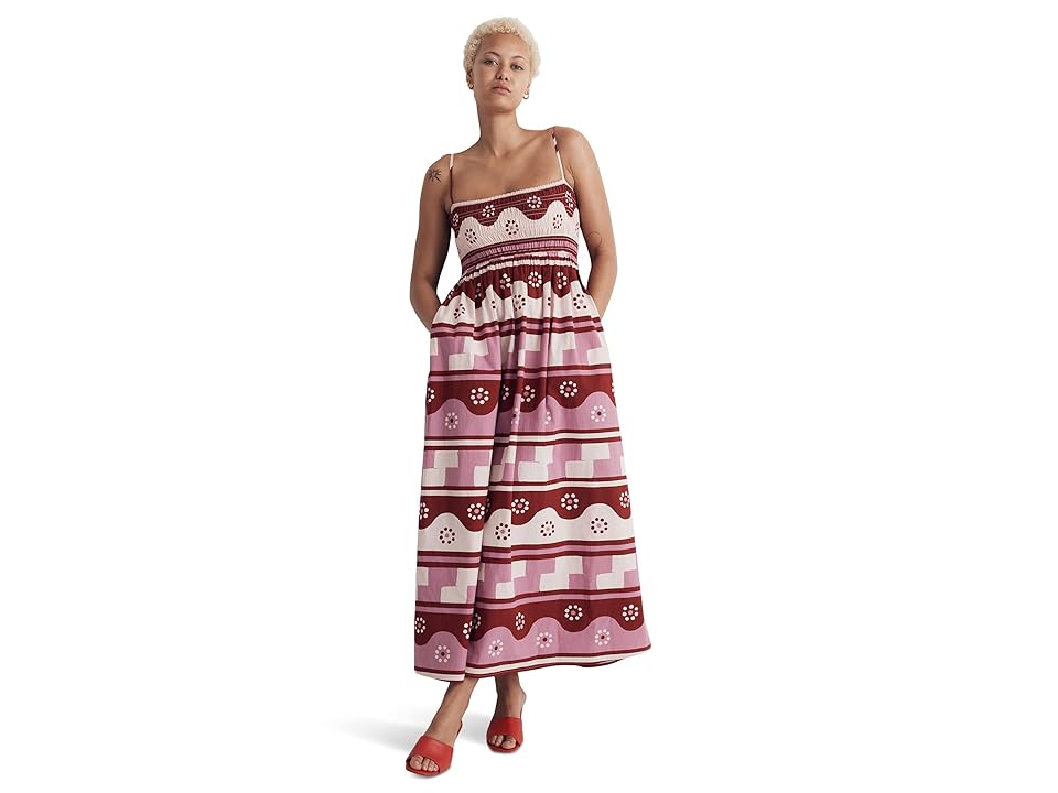 Madewell Theo Sleeveless Midi Dress in Geodaisy Batik (Rusted Red) Women's Clothing INTERNATIONAL SHIPPING