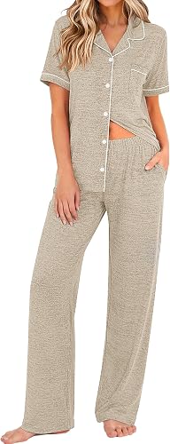 Ekouaer Pajamas for Women Set Short Sleeve Long Pants 2 Piece Lounge Set | Classic Button Down Notch Collar Pjs with Pockets,Soft Stretchy Sleepwear,Casual Loungewear for Travel,Postpartum,Daily Wear