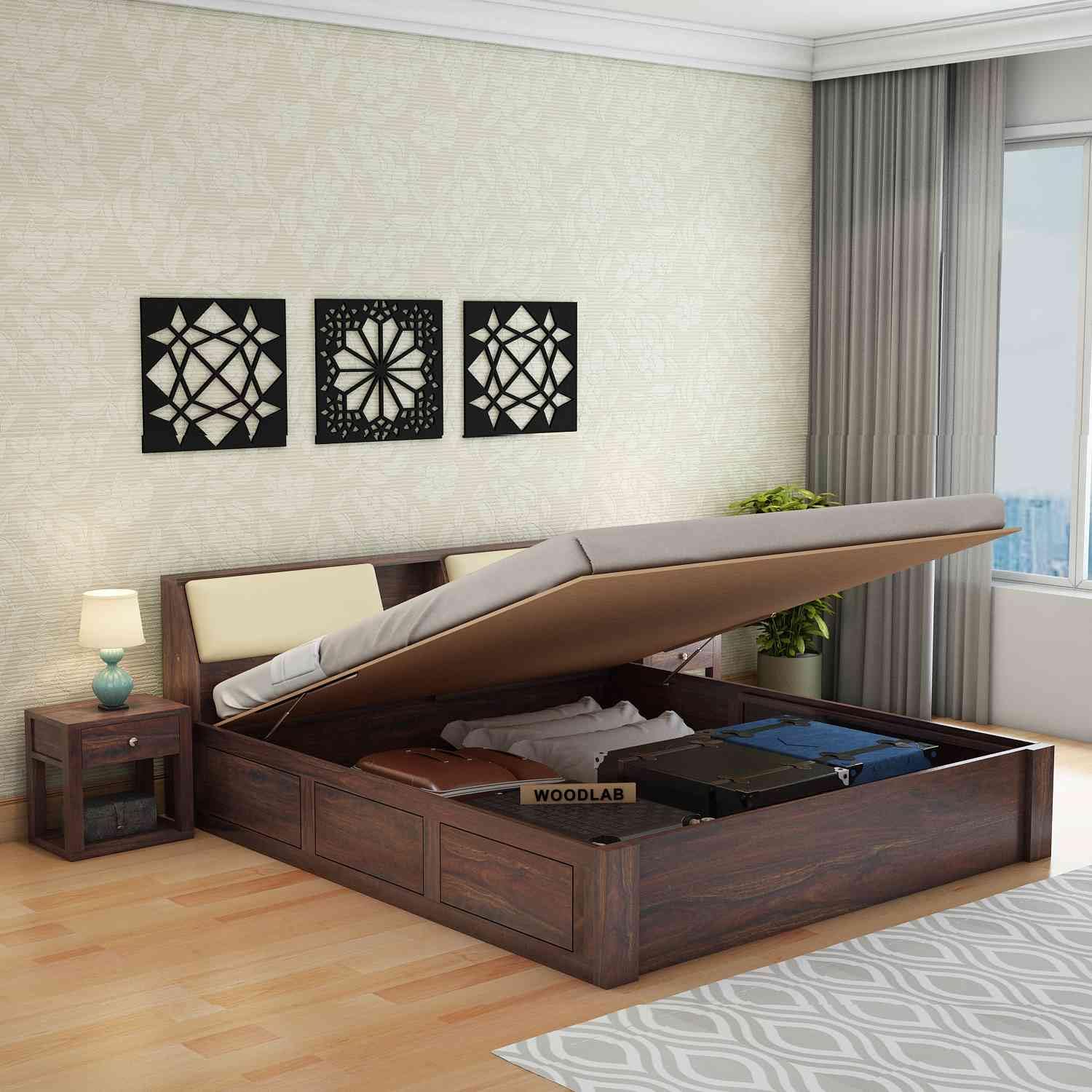 WOODLAB Furniture Sheesham Wood Mayor Queen Size Bed with Hydraulic Box Storage for Bedroom Living Room Wooden Double Bed Cot Palang for Home Hotel (Walnut Finish)