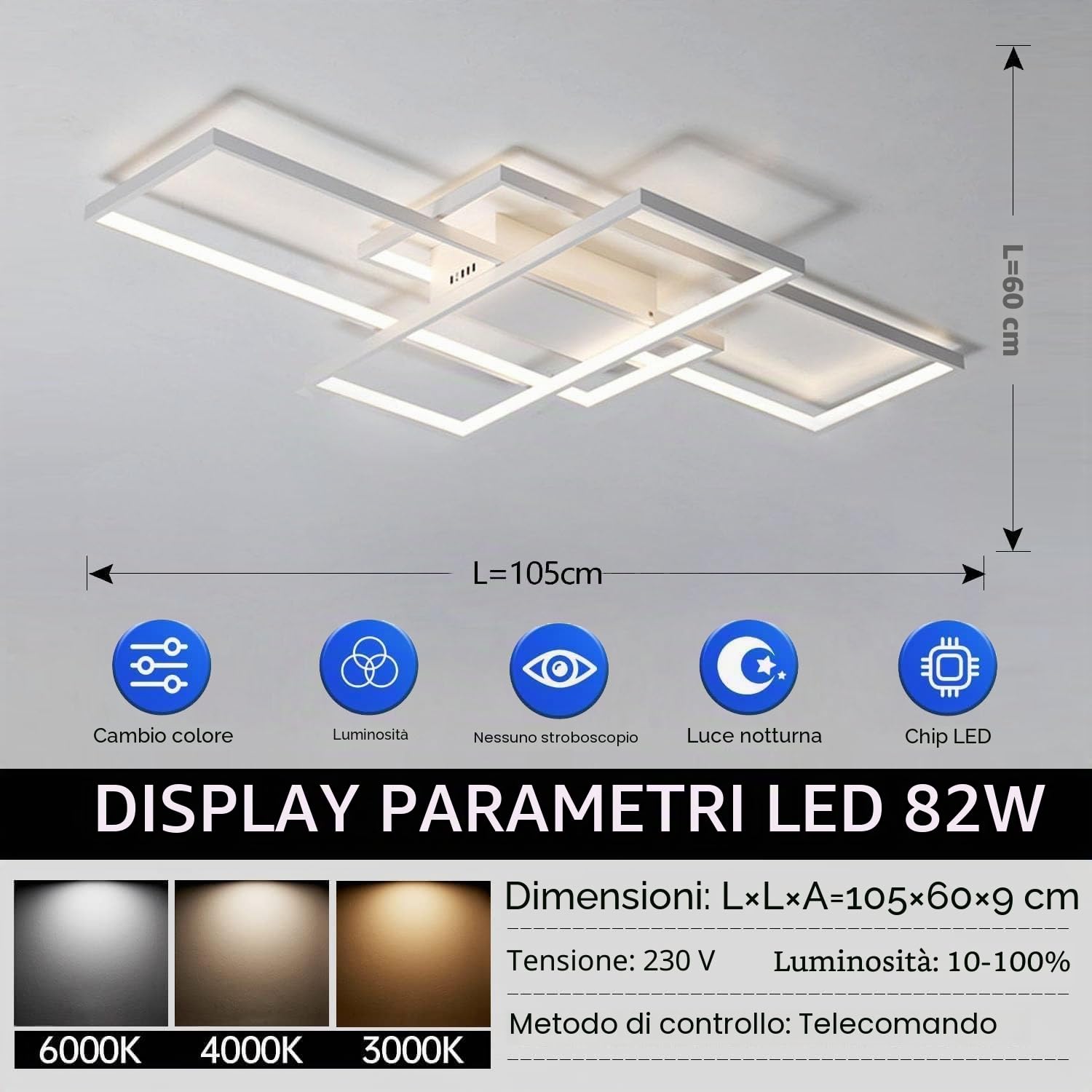 Lampadario LED Soffitto, 82W Plafoniera Soffitto, 8200LM Lampadario Soggiorno Moderno Design per Camera da Letto, Cucina, 105cm, Bianco