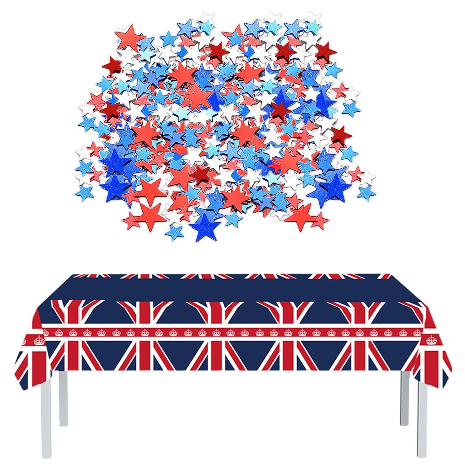 RNSKFG 1 Piece Of British Flag Tablecloth And 10G Star Confetti, Shiny Tossed Confetti, Party Decoration Supplies, Party Scene Arrangement.