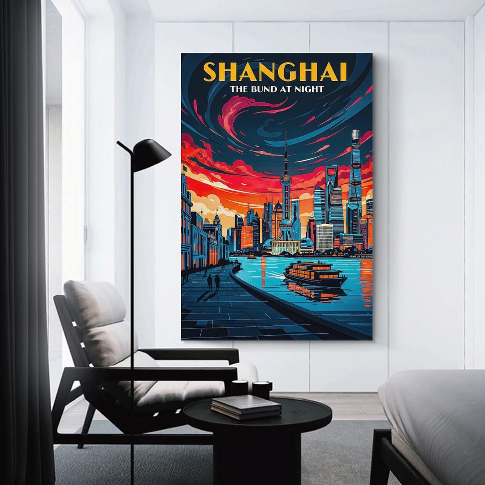 Junmoney Home Decor Wall Art Shanghai Bund at Night, 20x30inch(50x75cm), for New Homes, Bedrooms Or Workspaces, Decorative Present for New Homes