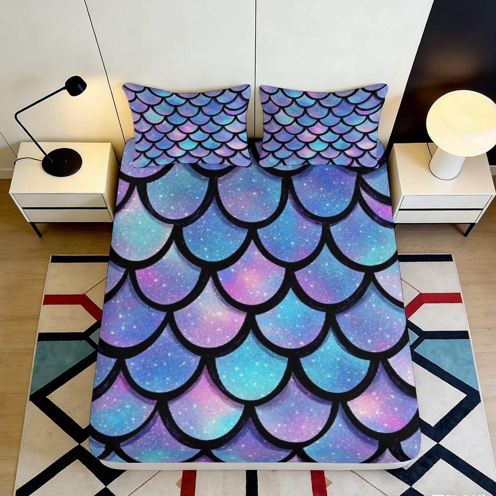 3D Printed Mermaid Scale Fitted Sheet Microfiber Soft Pastel Mattress Cover for Bedroom Dorm Decor Protection 90x200x25cm