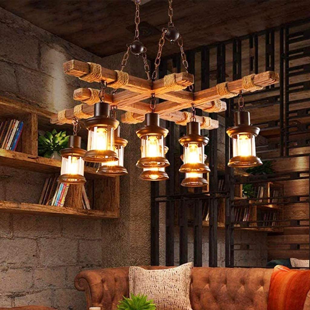 Lampa wisząca LED w stylu vintage, z drewna, rustykalna lampa wisząca w stylu retro, szkło, E27, z regulacją wysokości, do kuchni, salonu, biura, kawiarni, lampa sufitowa, 8 x E27