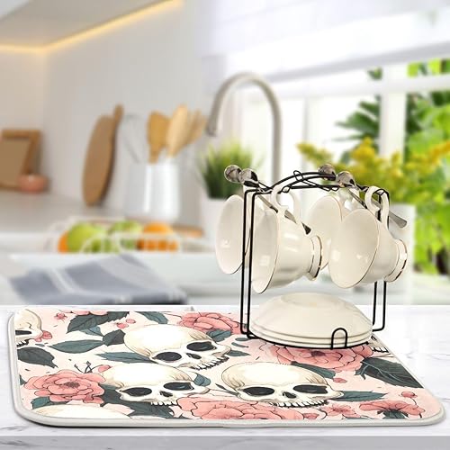 Miniatura 5 de Reversible Dish Drying Mats, Funny Skulls Pink Flowers Microfiber Coffee Bar Mat, Quick Drying Dish Drying Rack Mat Countertop Protector Mat, 16 x