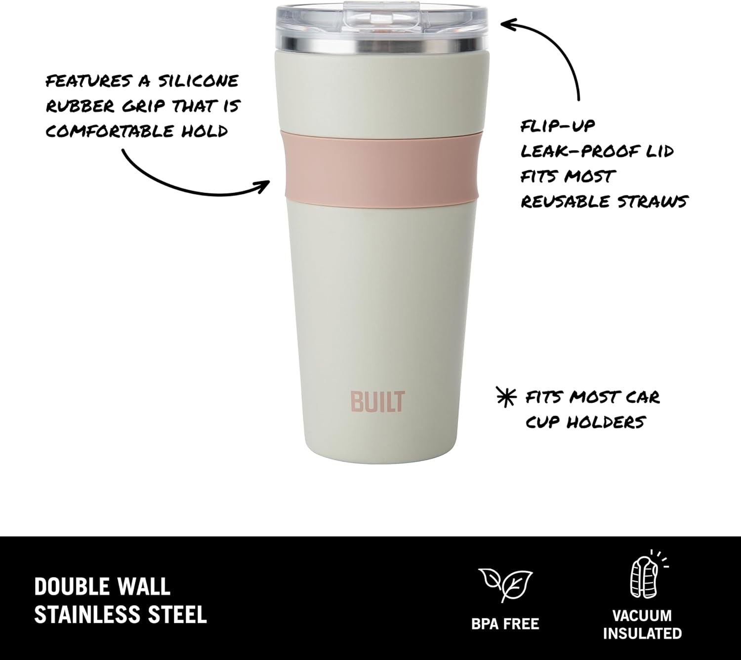 BUILT 24oz Shasta Double Wall Vacuum Insulated Stainless Steel Tumbler with Easy to Clean Flip to Open Lid, Oat - Image 3