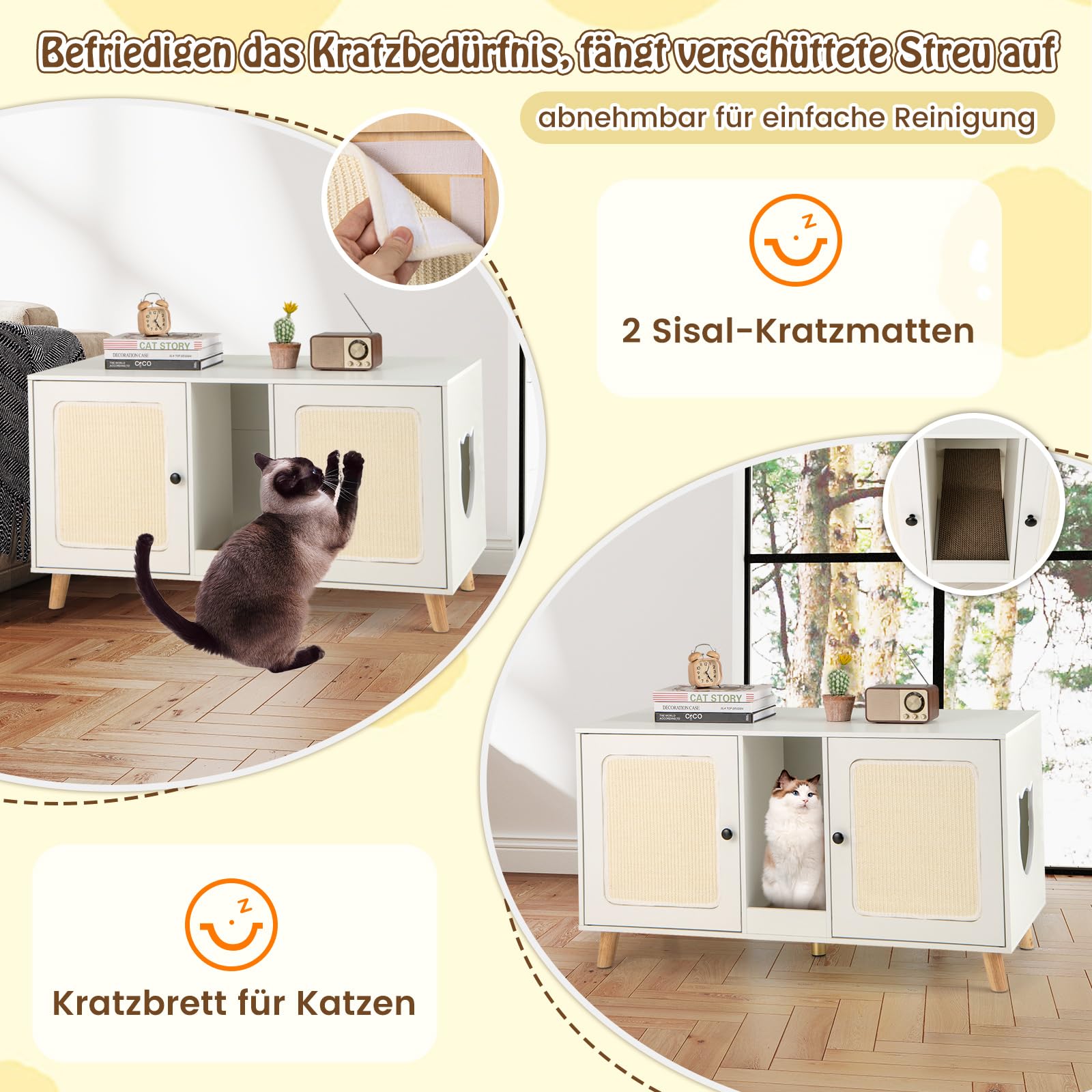 GYMAX Katzenklo Schrank 50 x 108 x 70 cm, Katzenschrank für katzentoilette mit Doppeltür, 2 Seiteneingänge & Sisal Kratzmatten, stabile Katzenhaus mit Katzenkratzbrett (Weiß)