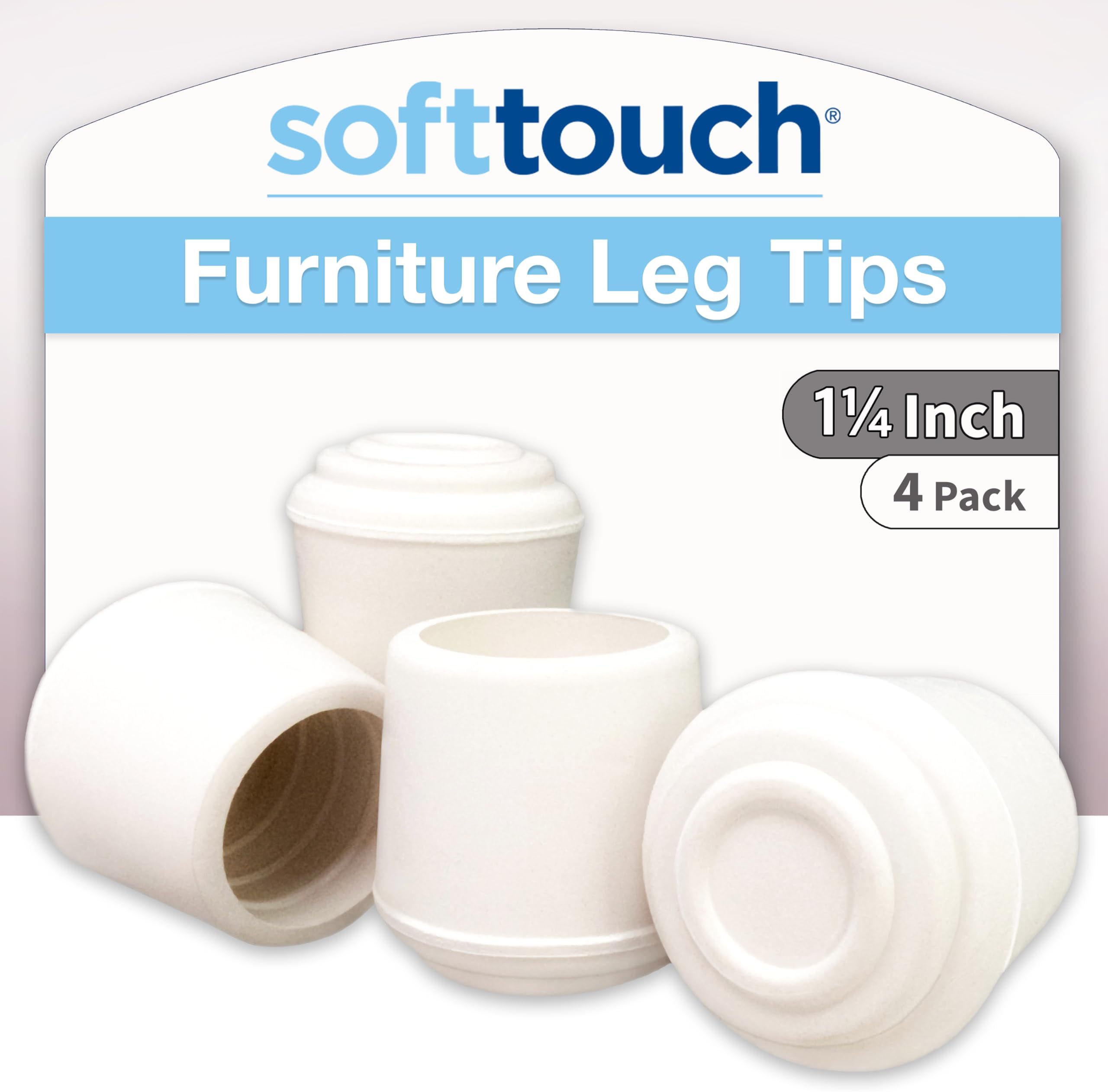1-1/4" Round Non-Marking Rubber Slip-On Chair Leg Tips, Nonslip Protective Furniture Leg Caps for Chairs, Stools, and Tables on Hard Surfaces, Set of 4, White