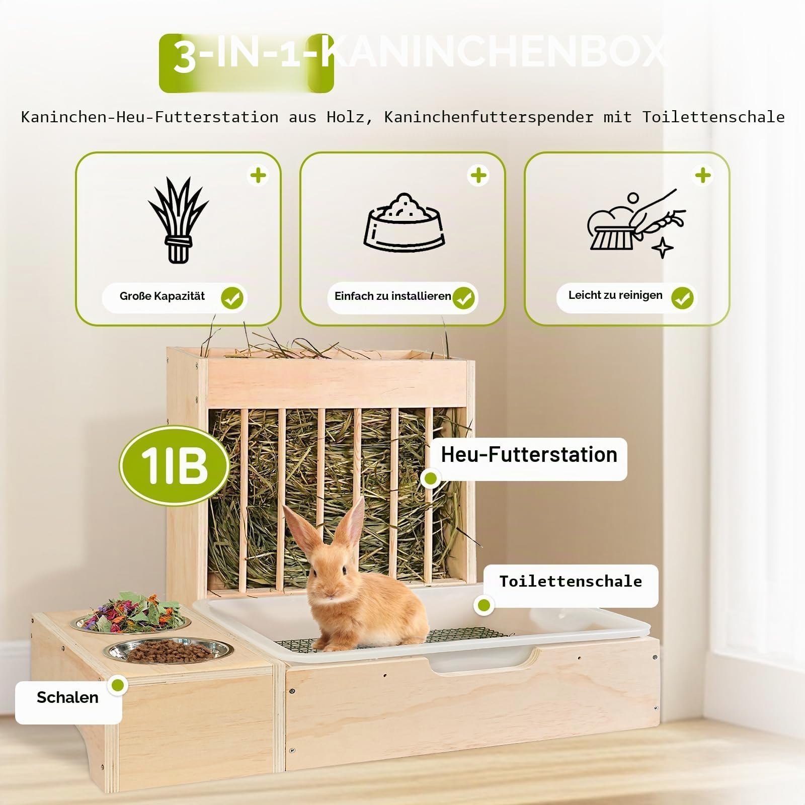 3 in 1 Extra große Heu-Futterstation mit Katzentoilette und Hölzerner Hasentoilette, für Zwergkaninchen, Meerschweinchen, Chinchillas, Hamster, Frettchen und andere Tiere