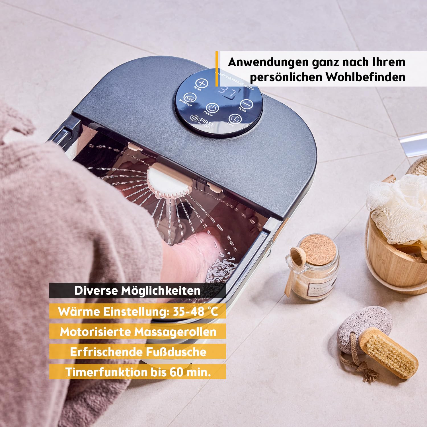 TZS First Austria - Fußsprudelbad Fußmassagegerät klappbar 500W mit 3 Aufsätzen & 6 Massagerollen - Fußbad mit Vibrations- & Luftblasenmassage, Infrarot- & Heizfunktion - Elektrische Fußbadewanne