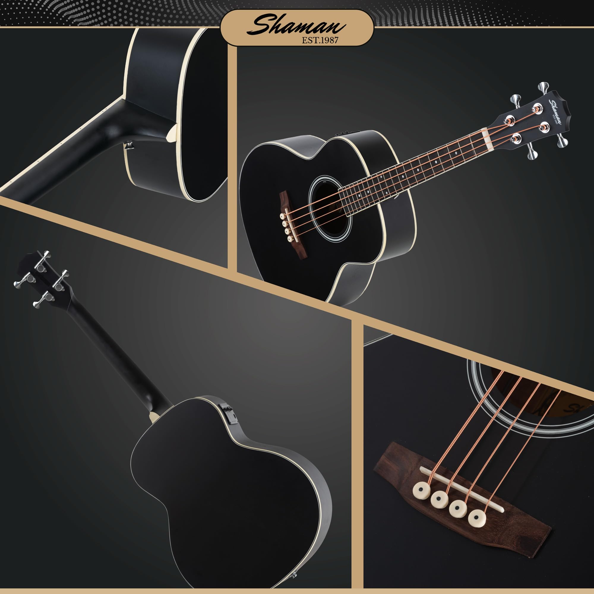 Shaman ABM4-50E-BK Akustik Bass 4-Saiter - kompakter Short-Scale Bass mit eingebautem Tonabnehmer, Piezo-Elektronik & Stimmgerät, Mahagoni & Fichte Korpus, ideal für Bühne & Zuhause - Schwarz