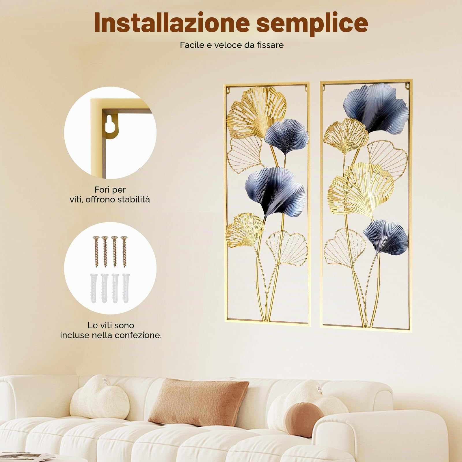 HazLope Set da 2 decorazioni da parete in metallo con foglie di ginkgo, quadro da parete con foglie di ginkgo, scultura da parete, ornamento da parete, appendiparete con cornice lunga e foglia di