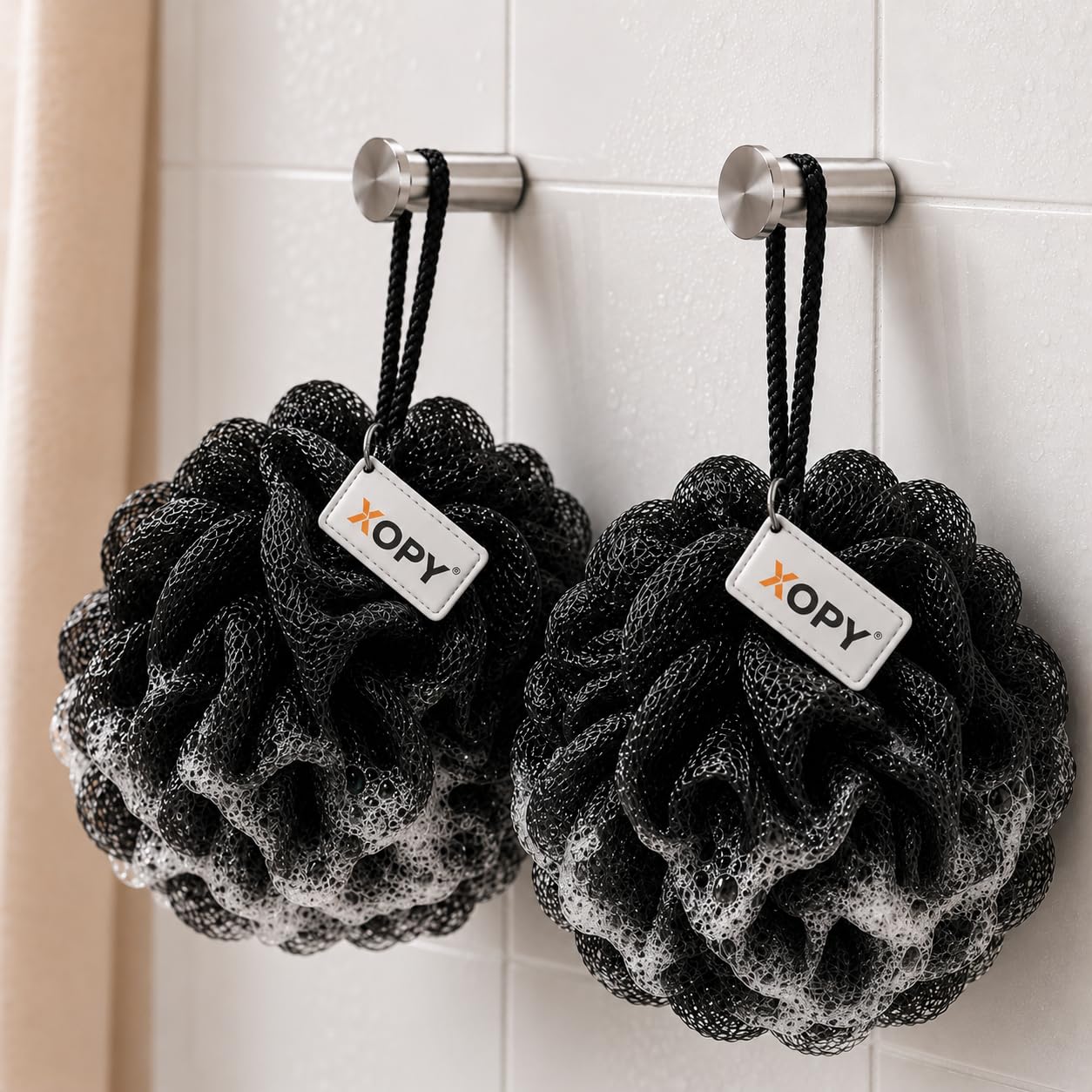 black bath loofah sponge pack of 2 | soft exfoliating body scrubber for rich foam & deep cleansing | durable mesh shower puff for men & women | skin-friendly bath sponge (black)