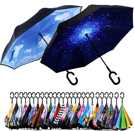 SIEPASA 49/56 Inch Inverted Reverse Upside Down Umbrella, Extra Large Double Canopy Vented Windproof Waterproof Stick Golf Umbrellas with C-shape Handle.