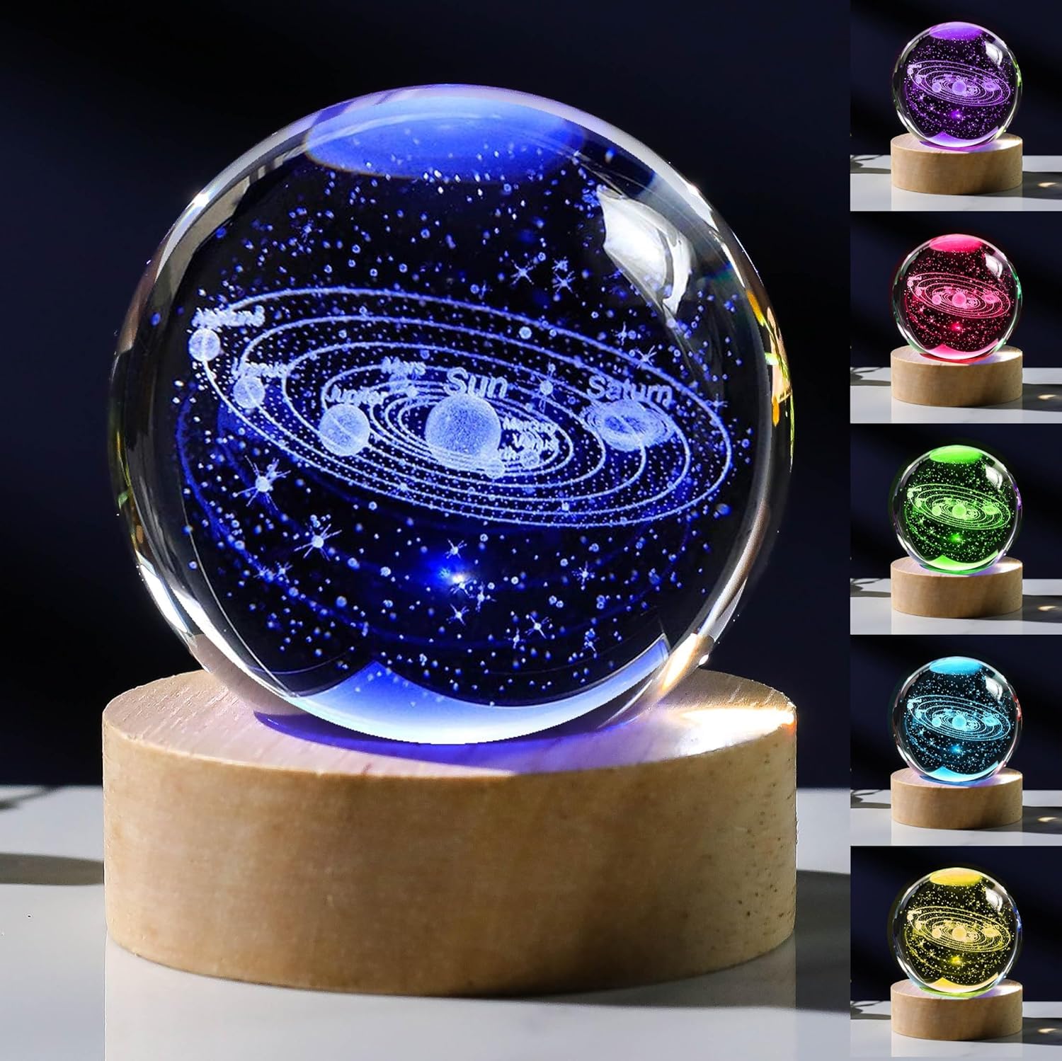 RETZLA 3D Solar System Crystal Ball with LED Colorful Lighting Touch Base, Solar System Model Decor, Science Astronomy Gifts