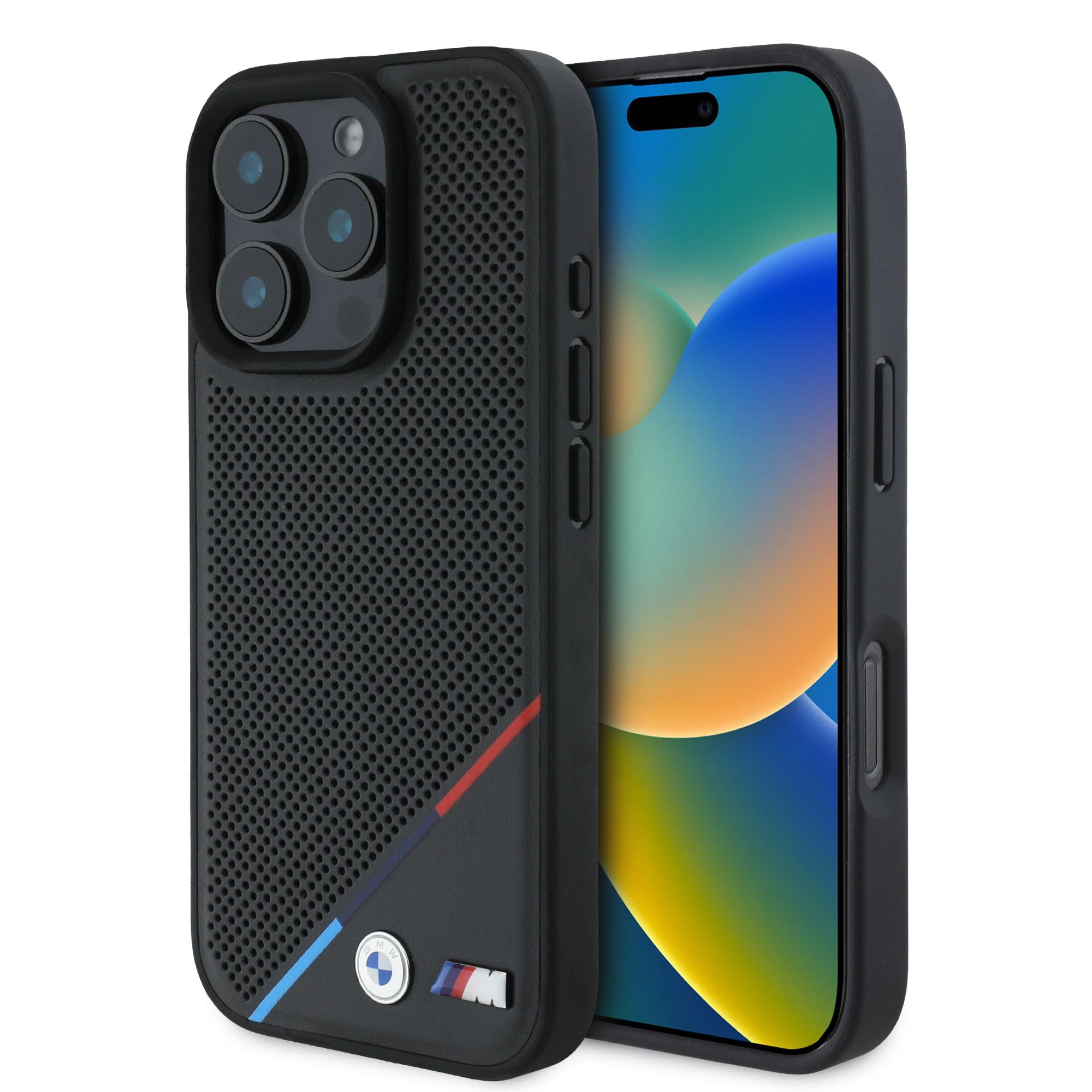 CG Mobile BMW HC M - Funda de teléfono diseñada para iPhone 16 Pro, Duradera, a Prueba de Golpes, Compatible con Magsafe, Funda de Poliuretano Perforada de línea Tricolor, Color Negro