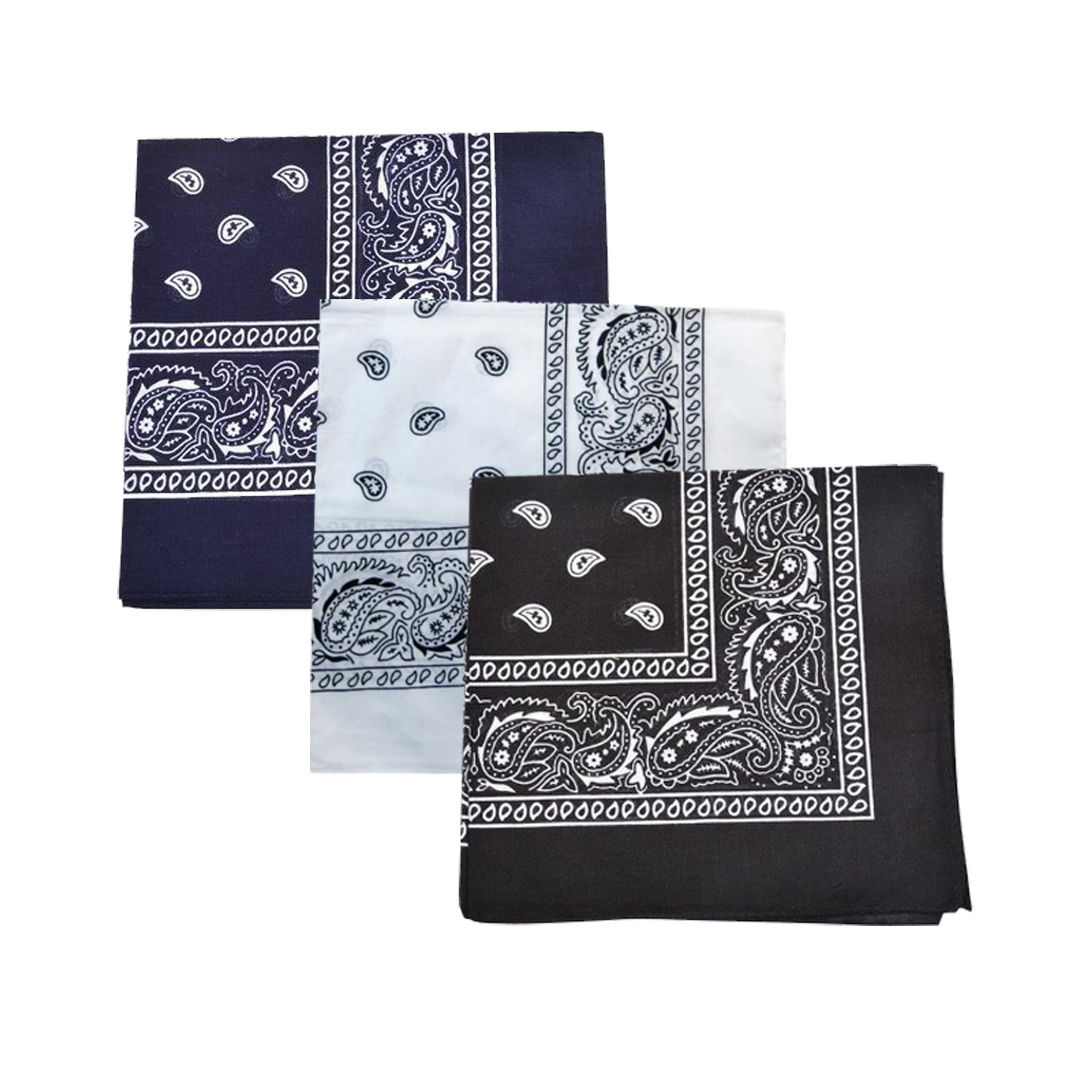 Paisley 100% Cotton Bandanas - 3 Pack (3 Mixed (Black/Blue/White))