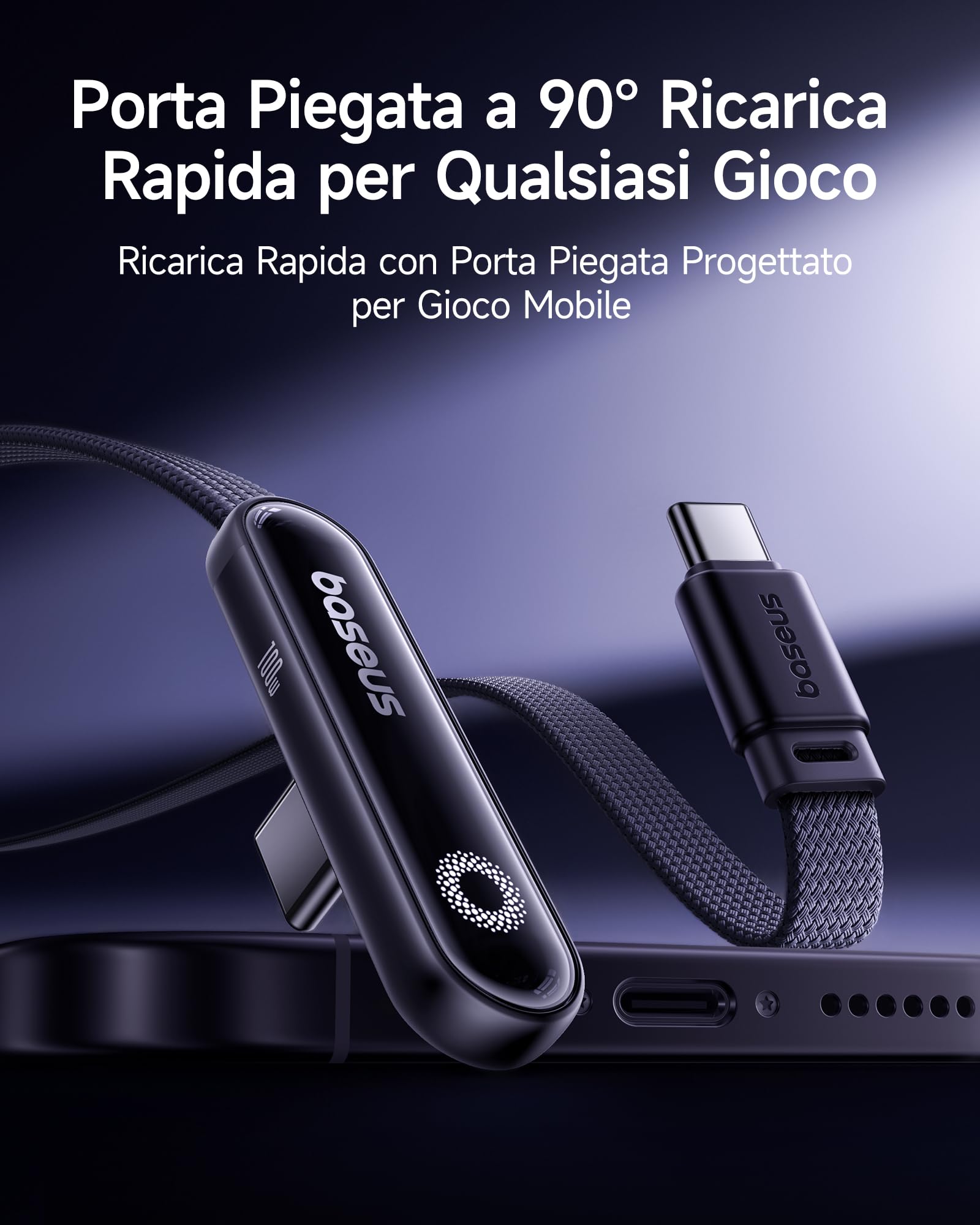 Baseus USB C Cavo con Angolo di 90°, 100 W Typ-C su C E-Sport Cavo con Luce ad Anello, 480Mbps, Cavo di Alimentazione Floccato per iPhone16/16Pro/16Pro Max/15, Samsung S24U, Macbook, 1m