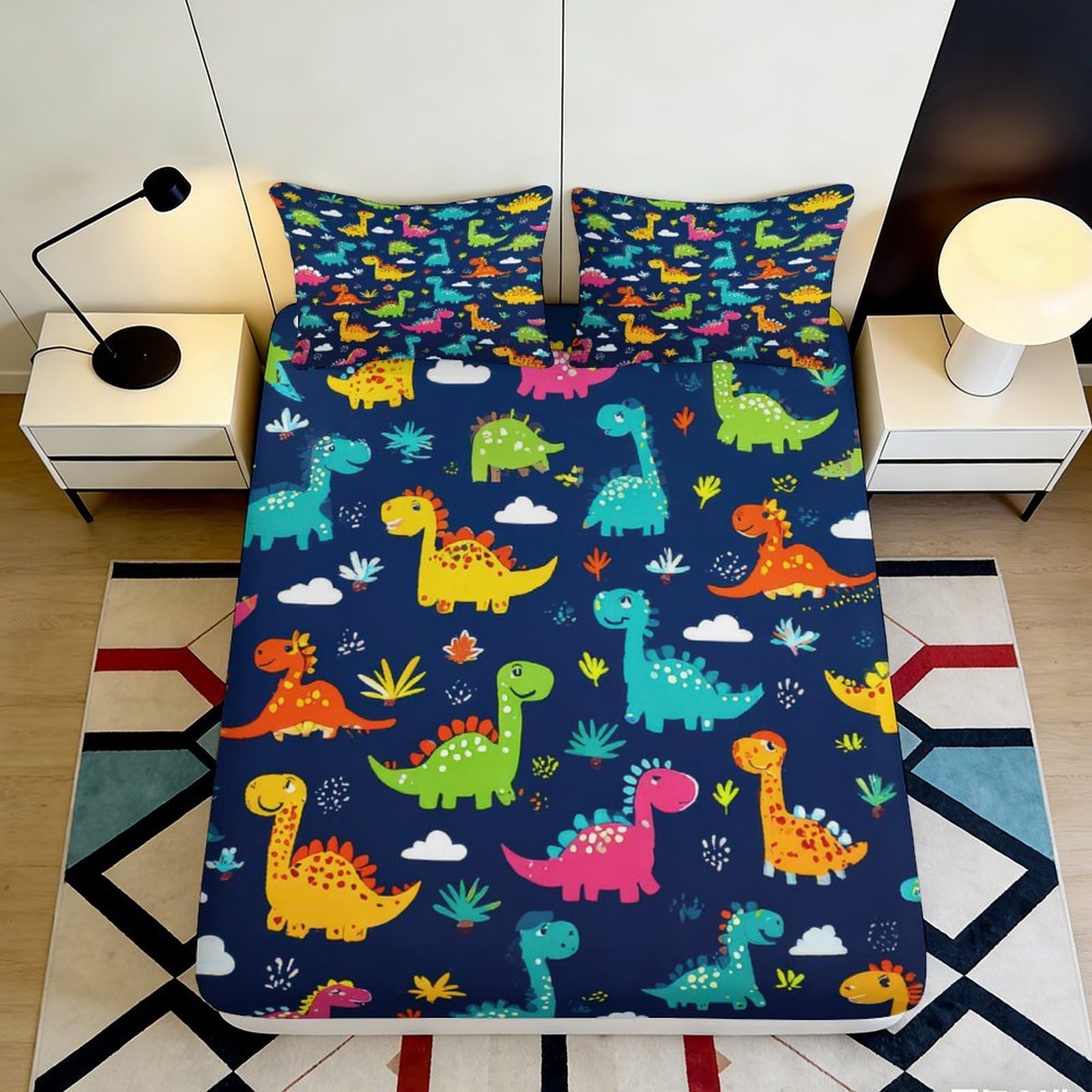 3D Printed Colorful Dinosaur Fitted Sheet Microfiber Soft Blue Cartoon Dino Mattress Cover for Bedroom Guest Room Dorm Decor 120x200x25cm