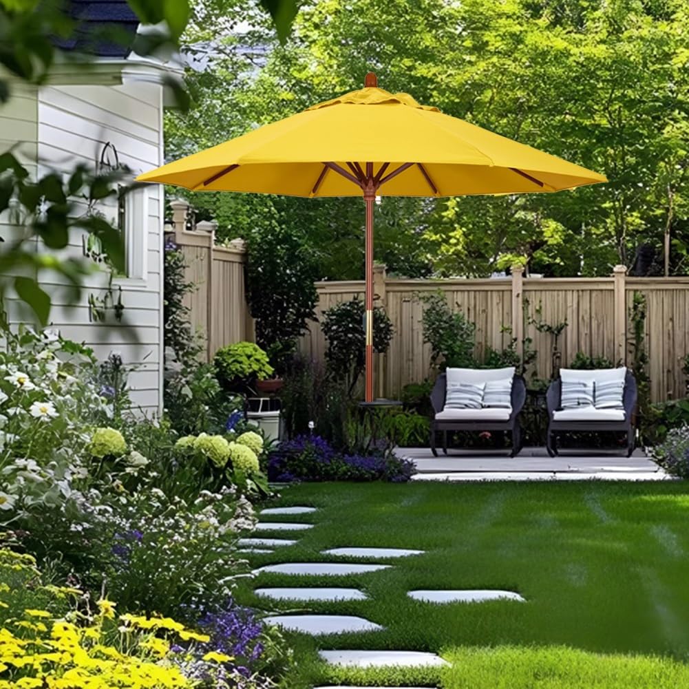 Duży Okrągły Parasol Ogrodowy 7 Stóp, Duży Stół Ogrodowy 9 Stóp, 8 Solidnych Żeber I Drewniany Słupek,Yellow-270cm(9ft)