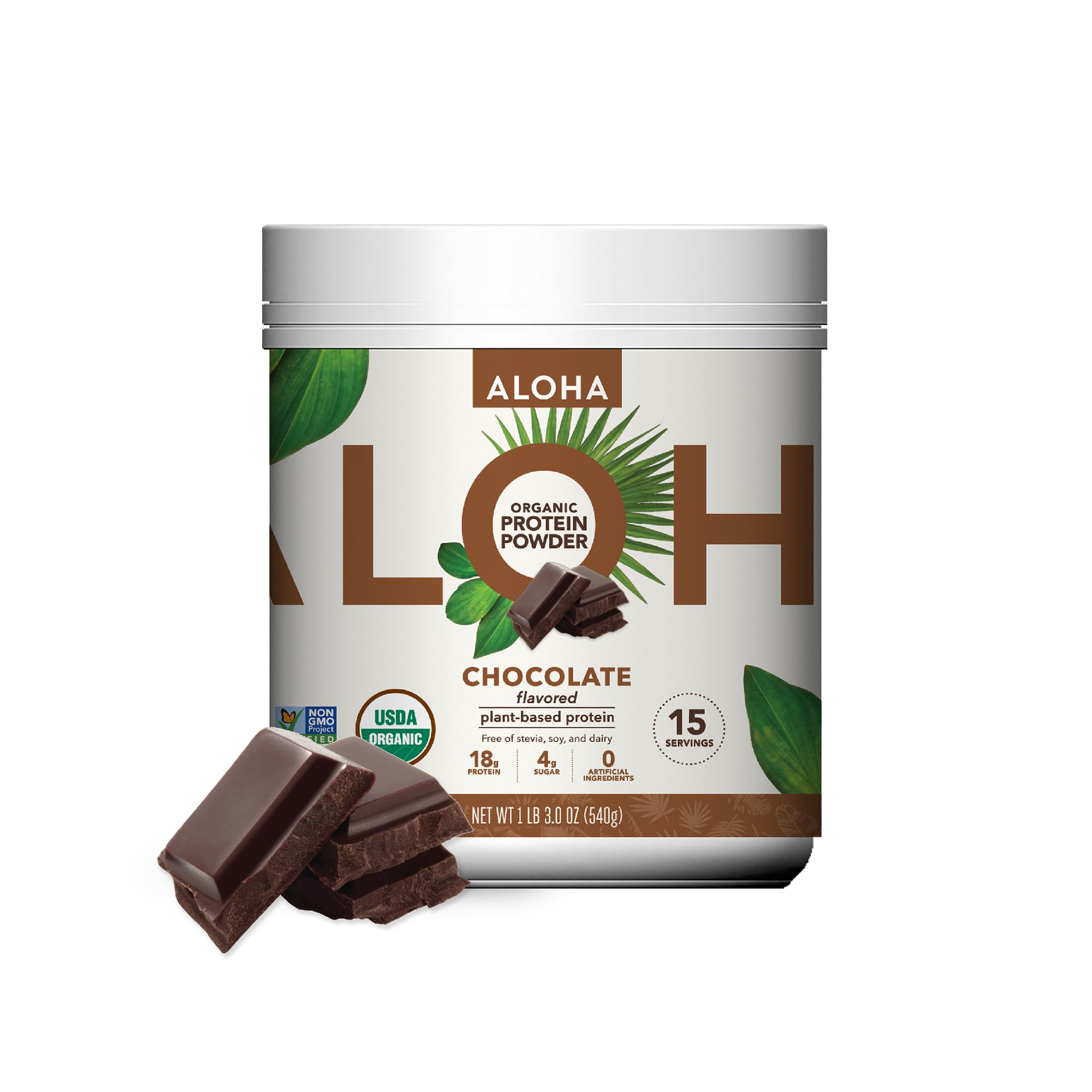 ALOHA Organic Plant Based Protein Powder, Stevia Free, Chocolate, 19.6 oz, 15 Servings
