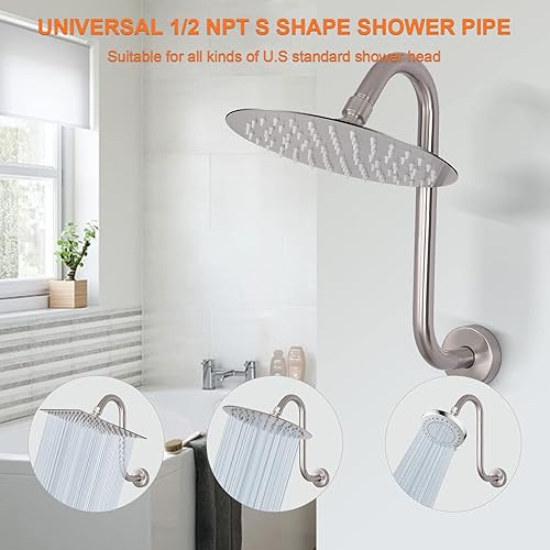 Miniatura 3 de HarJue Brazo de ducha en forma de S cabezal de ducha de 15 pulgadas tubo de extensión de tiro alto conexión estándar de 12 pulgadas con brida